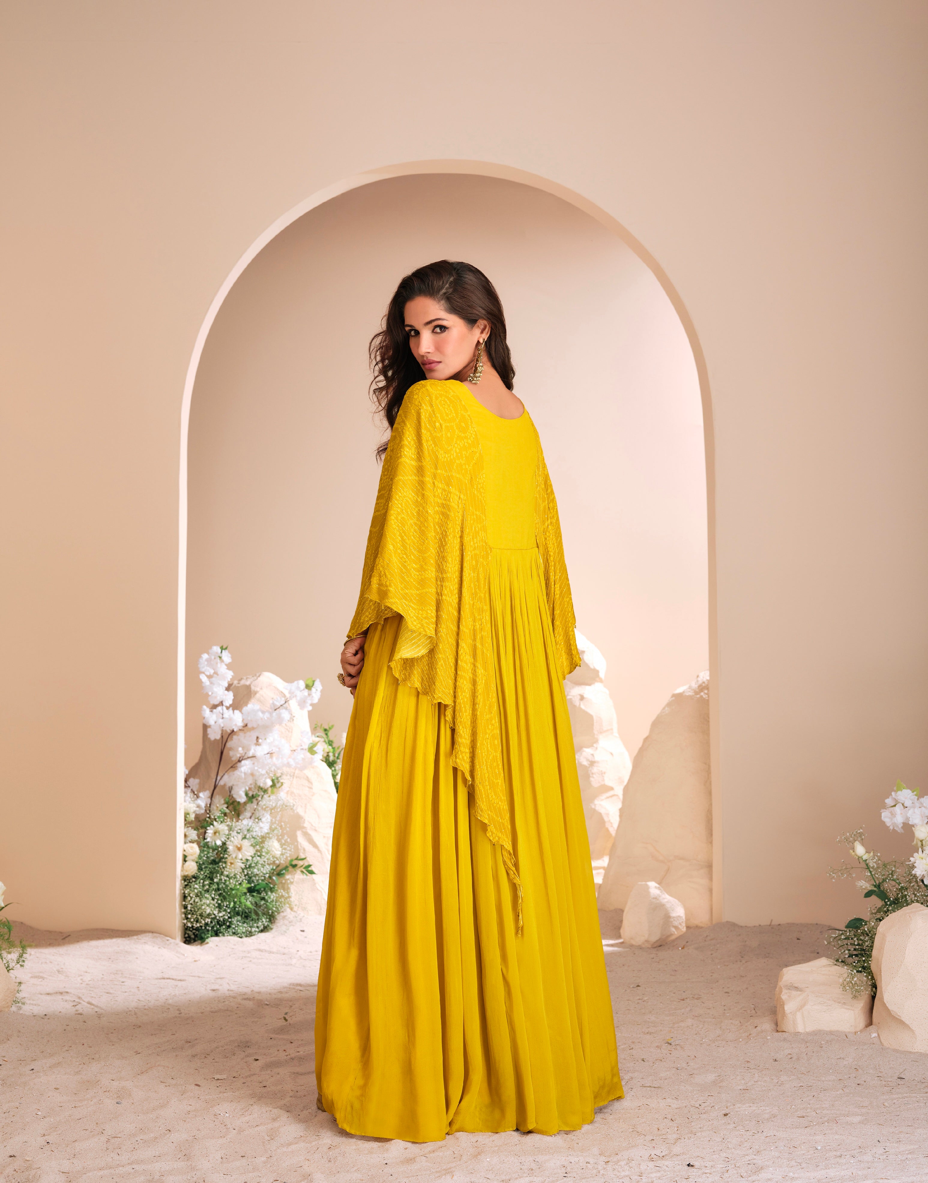 Yellow Chinon Silk Gown with Floral Hand Moti Work