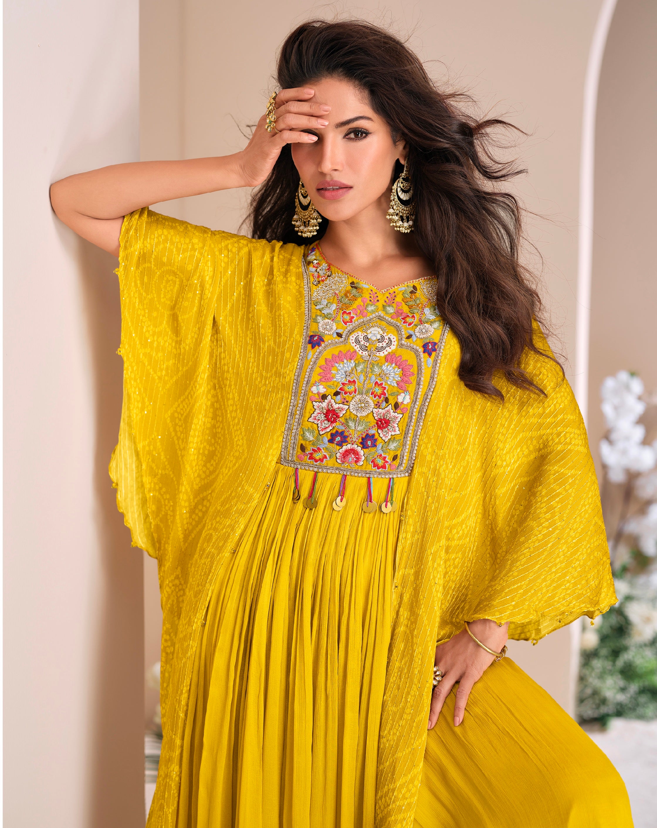 Yellow Chinon Silk Gown with Floral Hand Moti Work