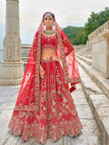 Vibrant Red Heavy Embroidered Bridal Lehenga