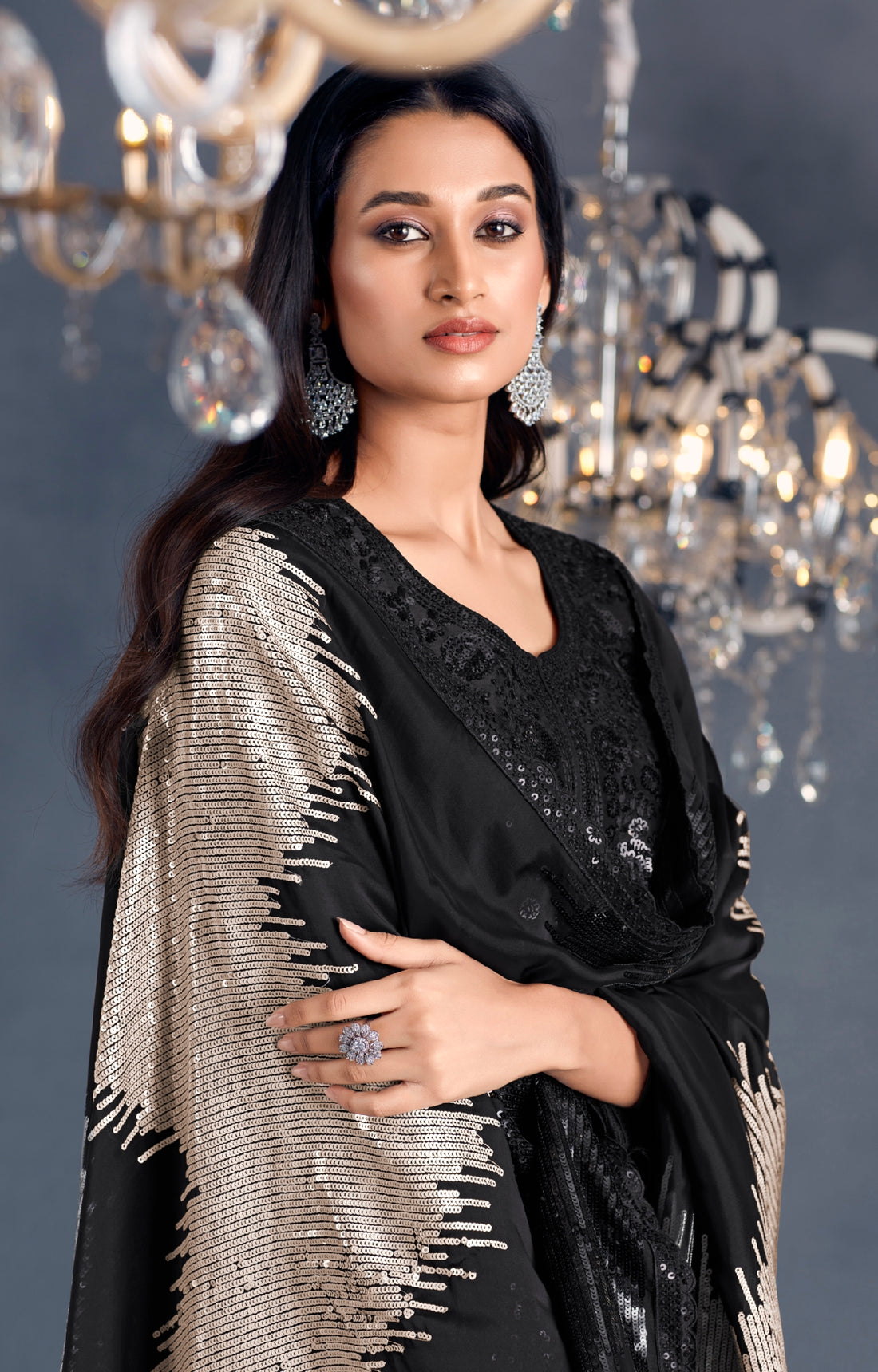 Black Straight Suit with Sequins Embroidered Organza Dupatta