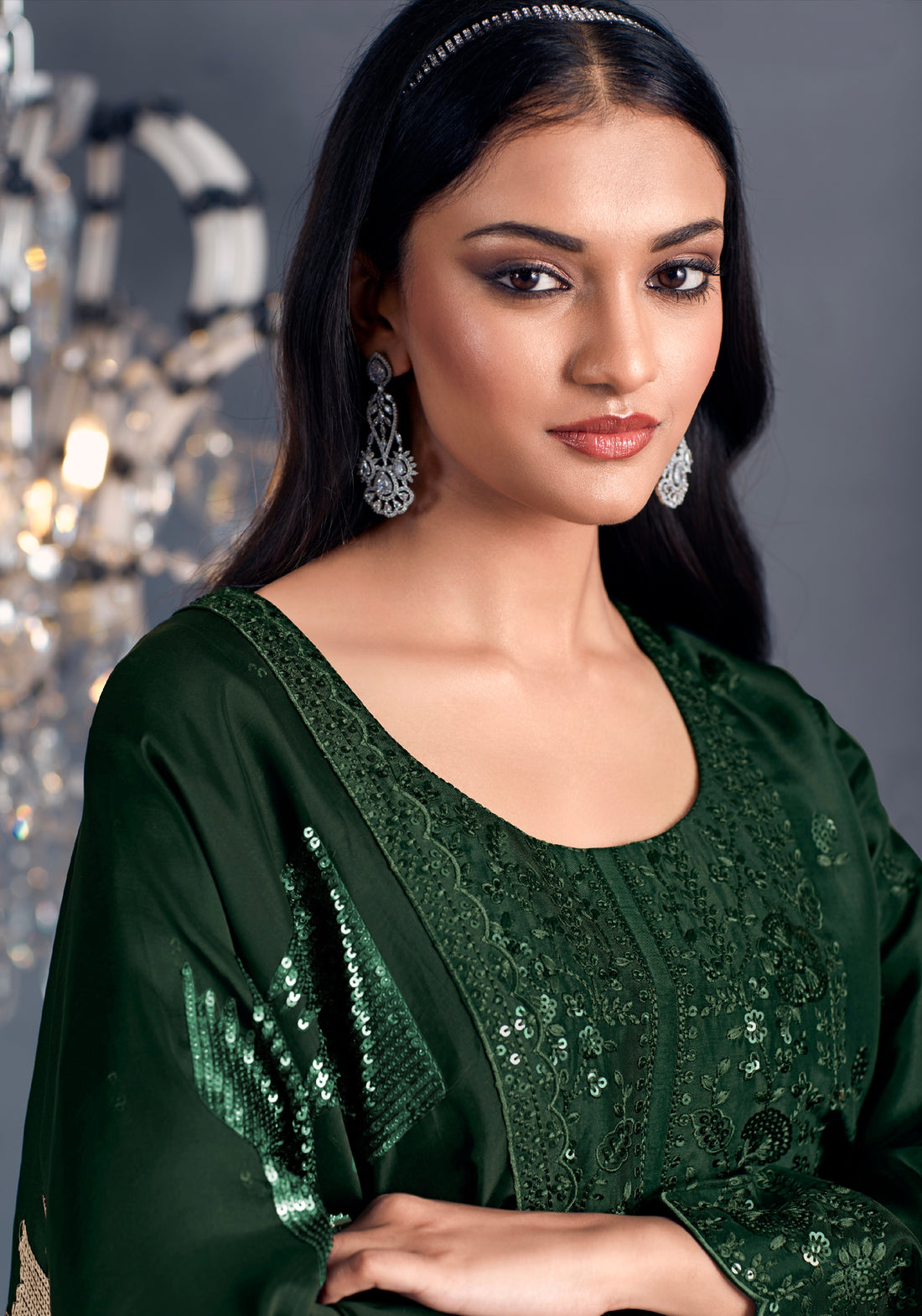 Forest Green Straight Suit with Embroidered Organza Dupatta