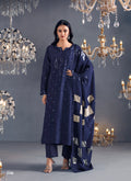 Navy Blue Straight Suit with Sequins Embroidered Dupatta