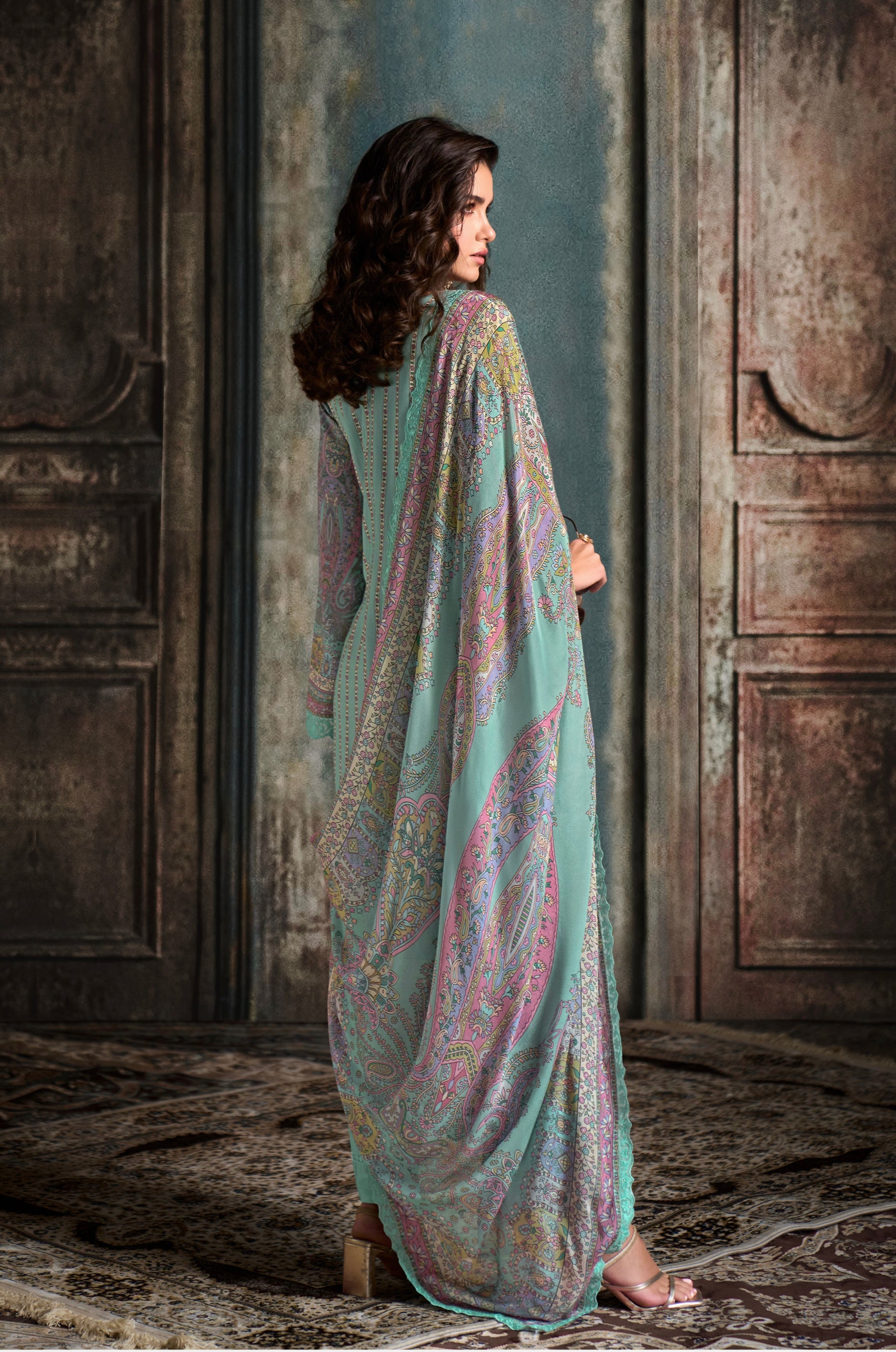 Mint Green Straight Cut Suit with Digital Print & Scalloped Embroidery
