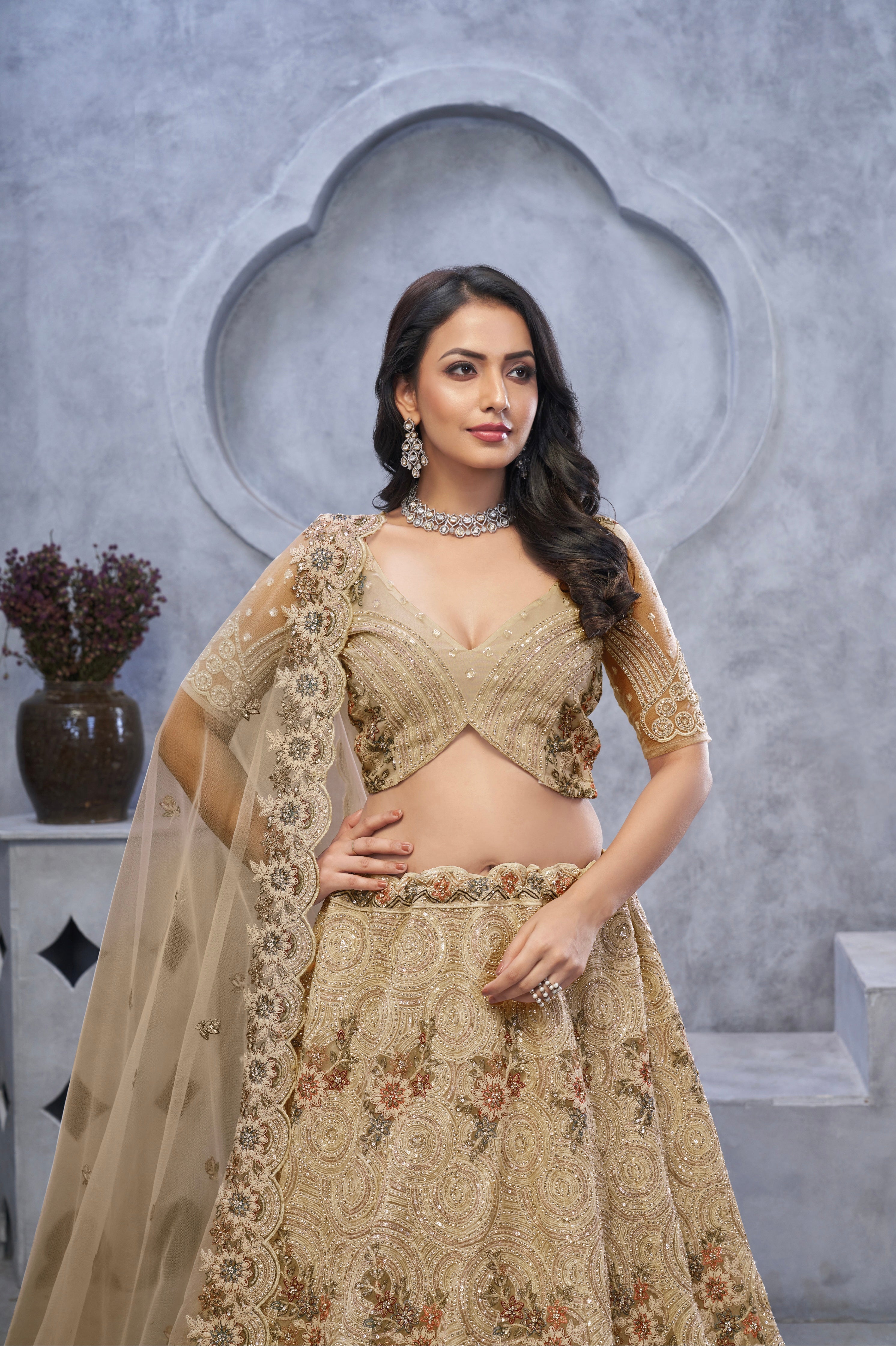 Golden Peacock Embroidered Lehenga with Dupatta
