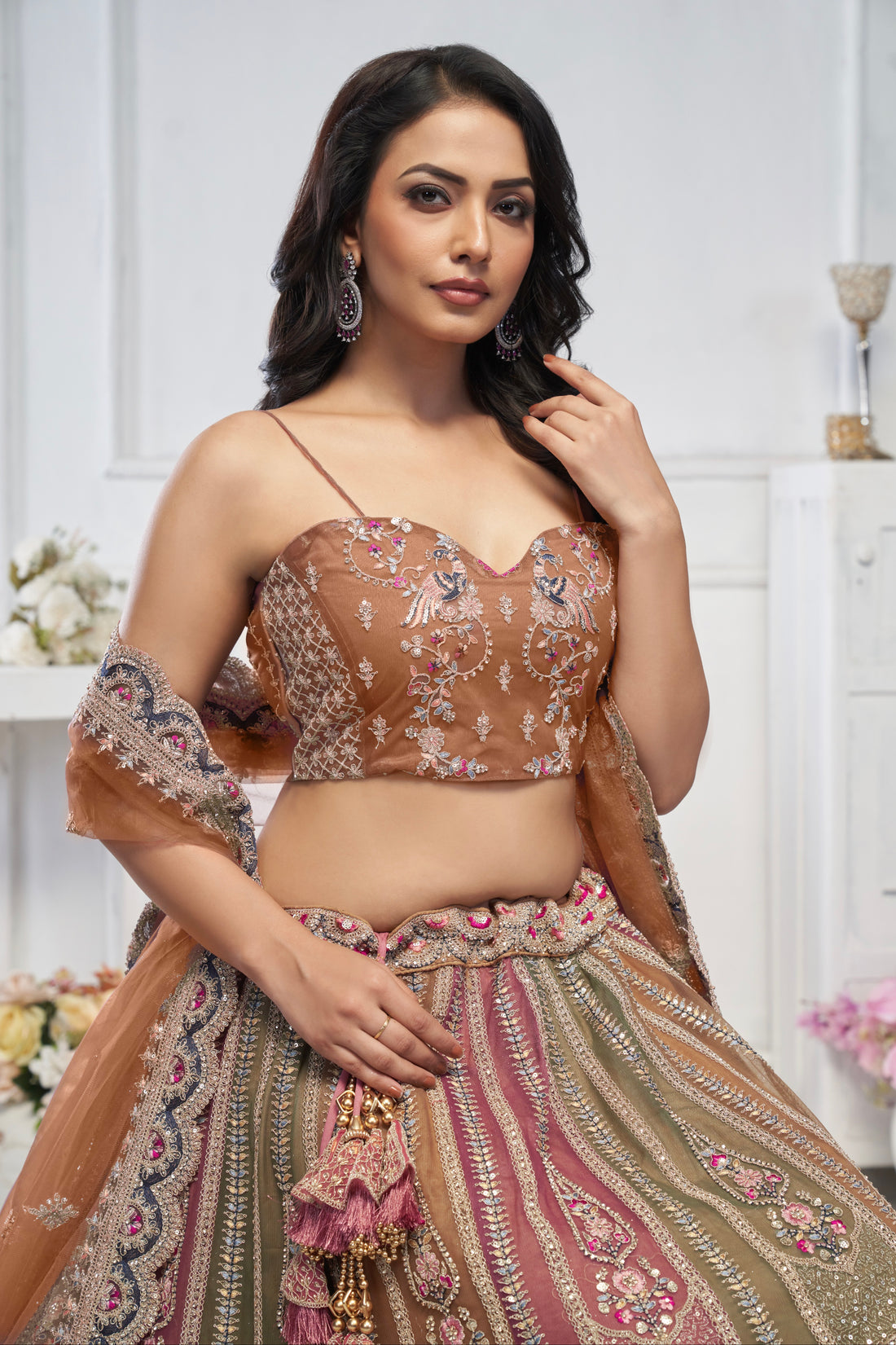 Multi-Brown Net Lehenga with Zari Weaving and Elephant Motifs
