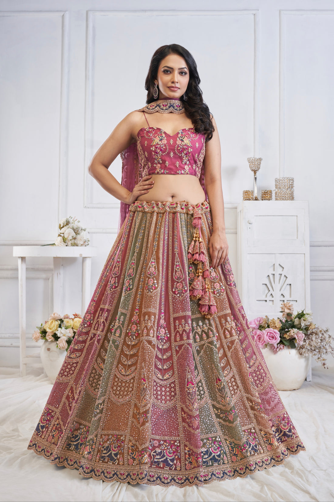 Multi-Onion Net Lehenga with Elephant Motifs, Zari, and Sequins