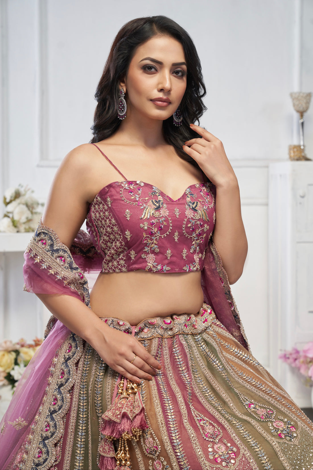 Multi-Onion Net Lehenga with Elephant Motifs, Zari, and Sequins