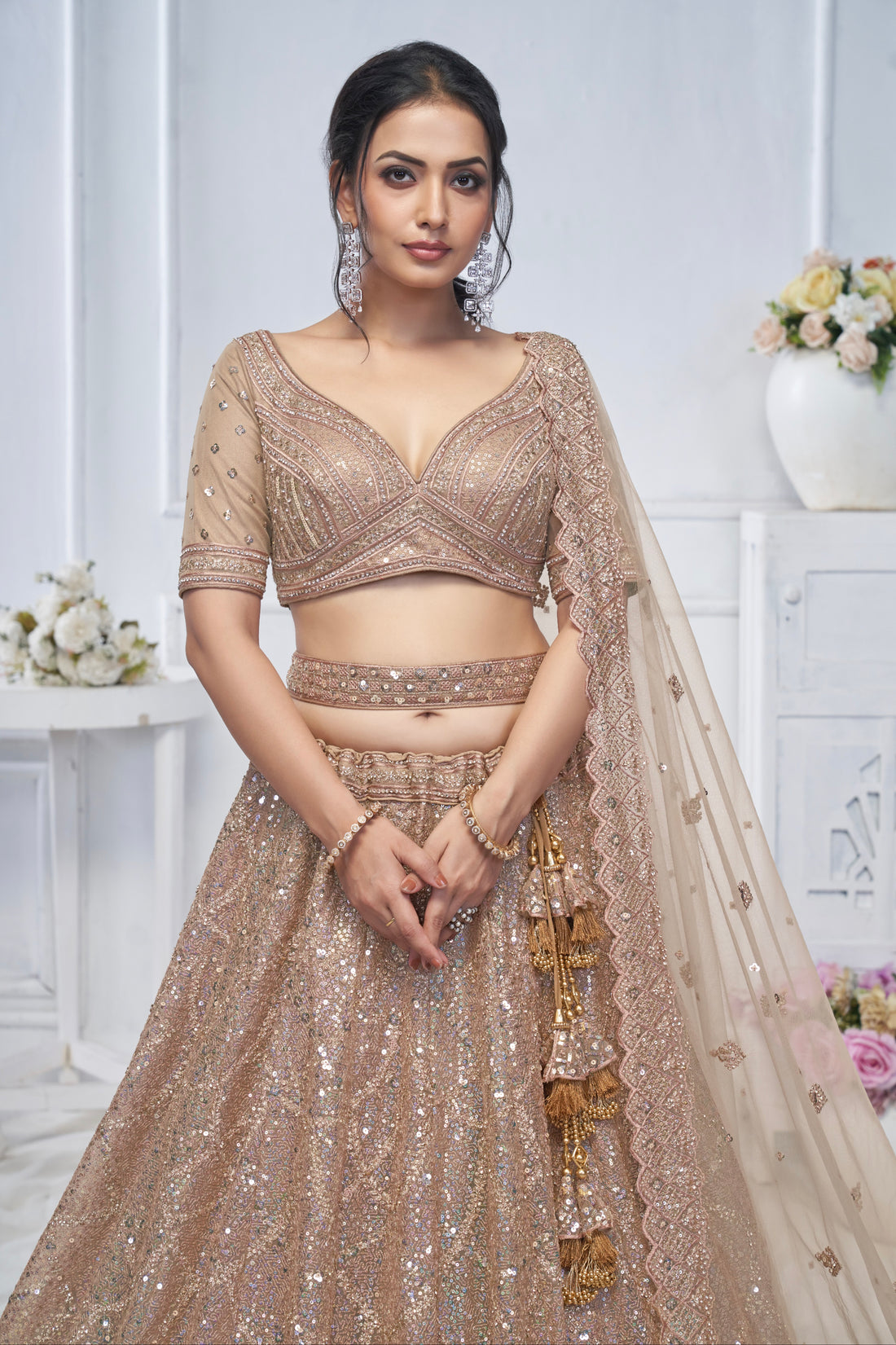 Brown Net Lehenga with Golden Sequins
