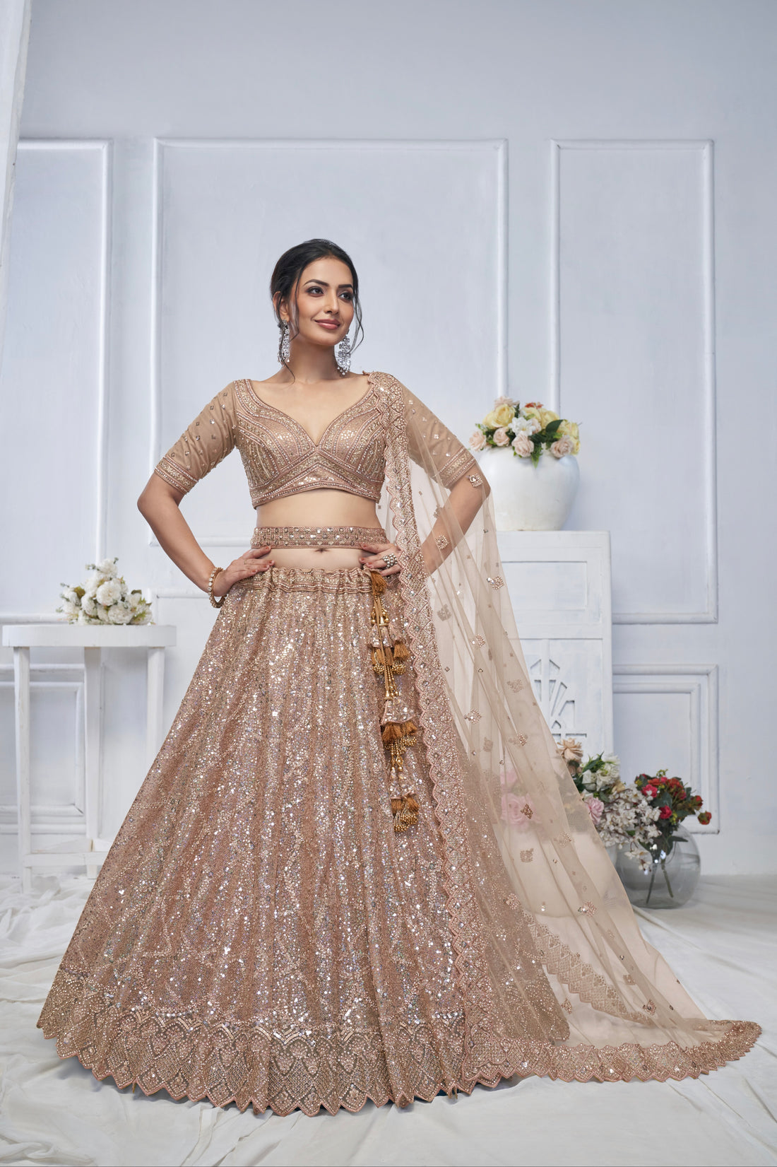 Brown Net Lehenga with Golden Sequins