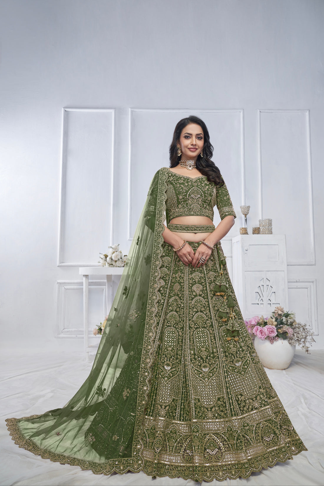Green Soft Net Lehenga with Zari, Sequins & Paisley Design
