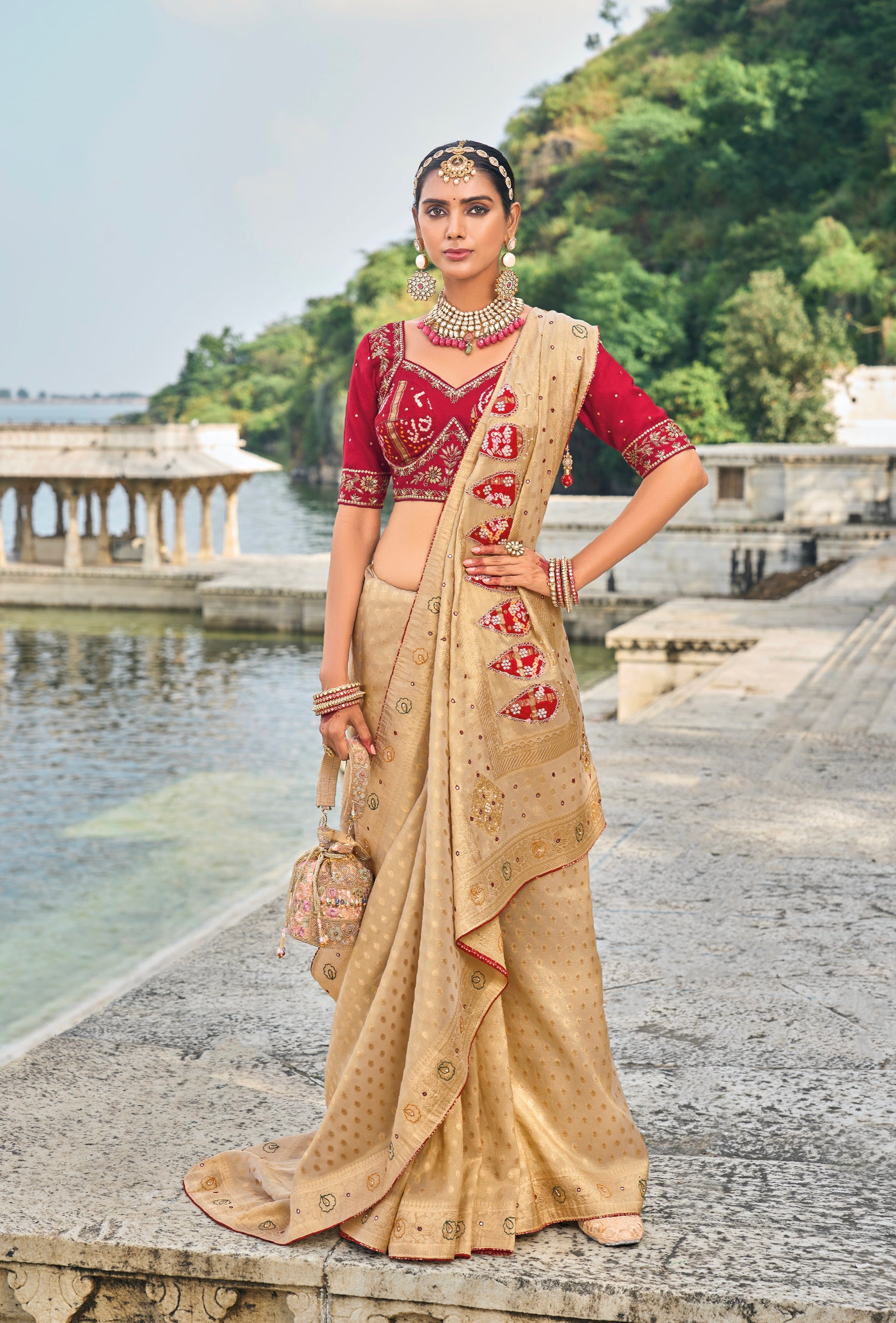 Chiku Pure Kanjivaram Silk Saree with Jardoshi, & Moti Heavy Work