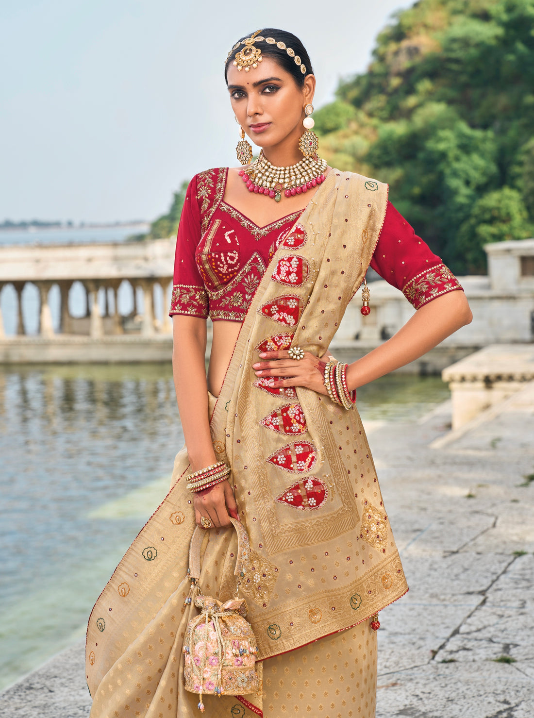 Chiku Pure Kanjivaram Silk Saree with Jardoshi, & Moti Heavy Work