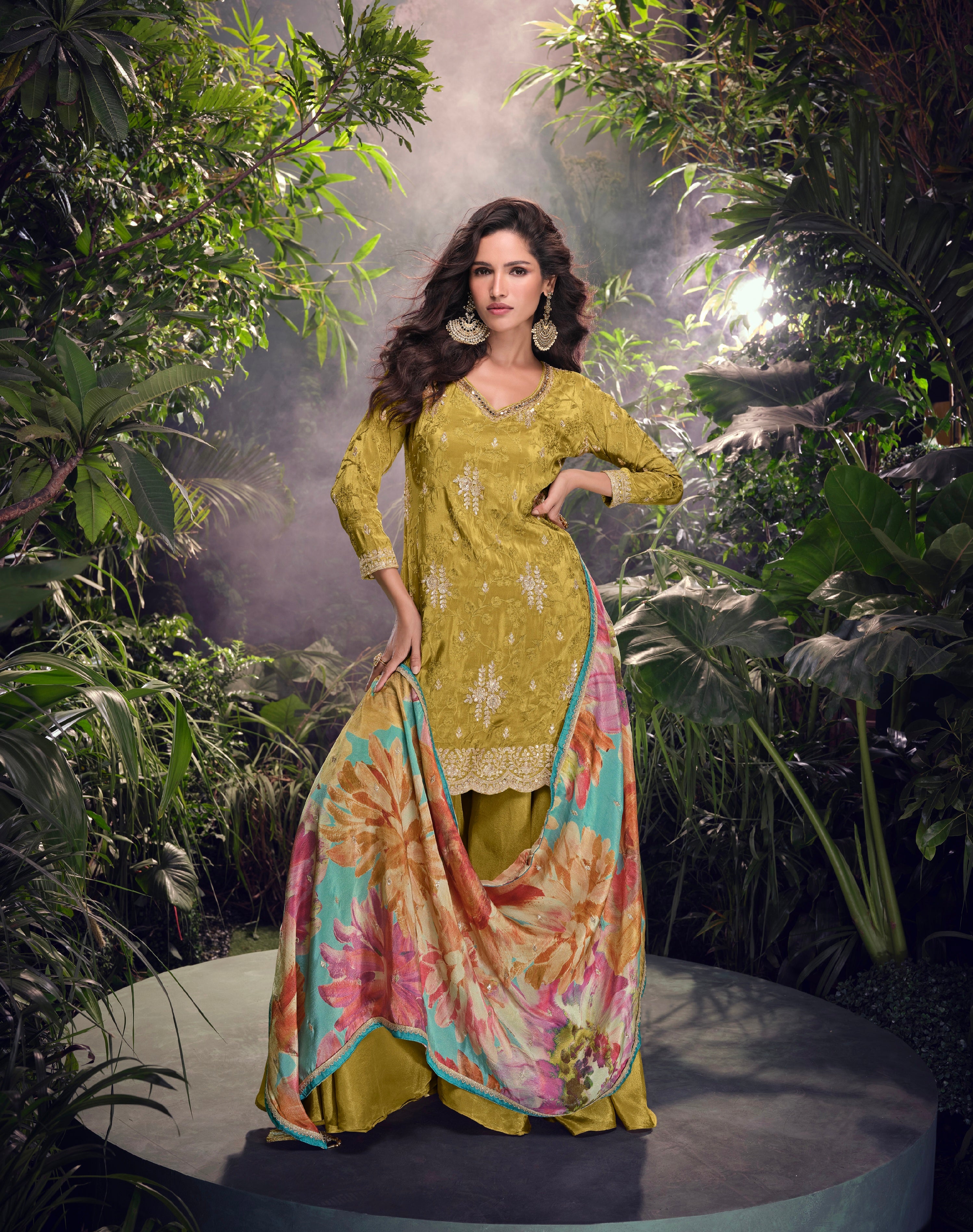 Olive Green Premium Simar Silk Sharara Set