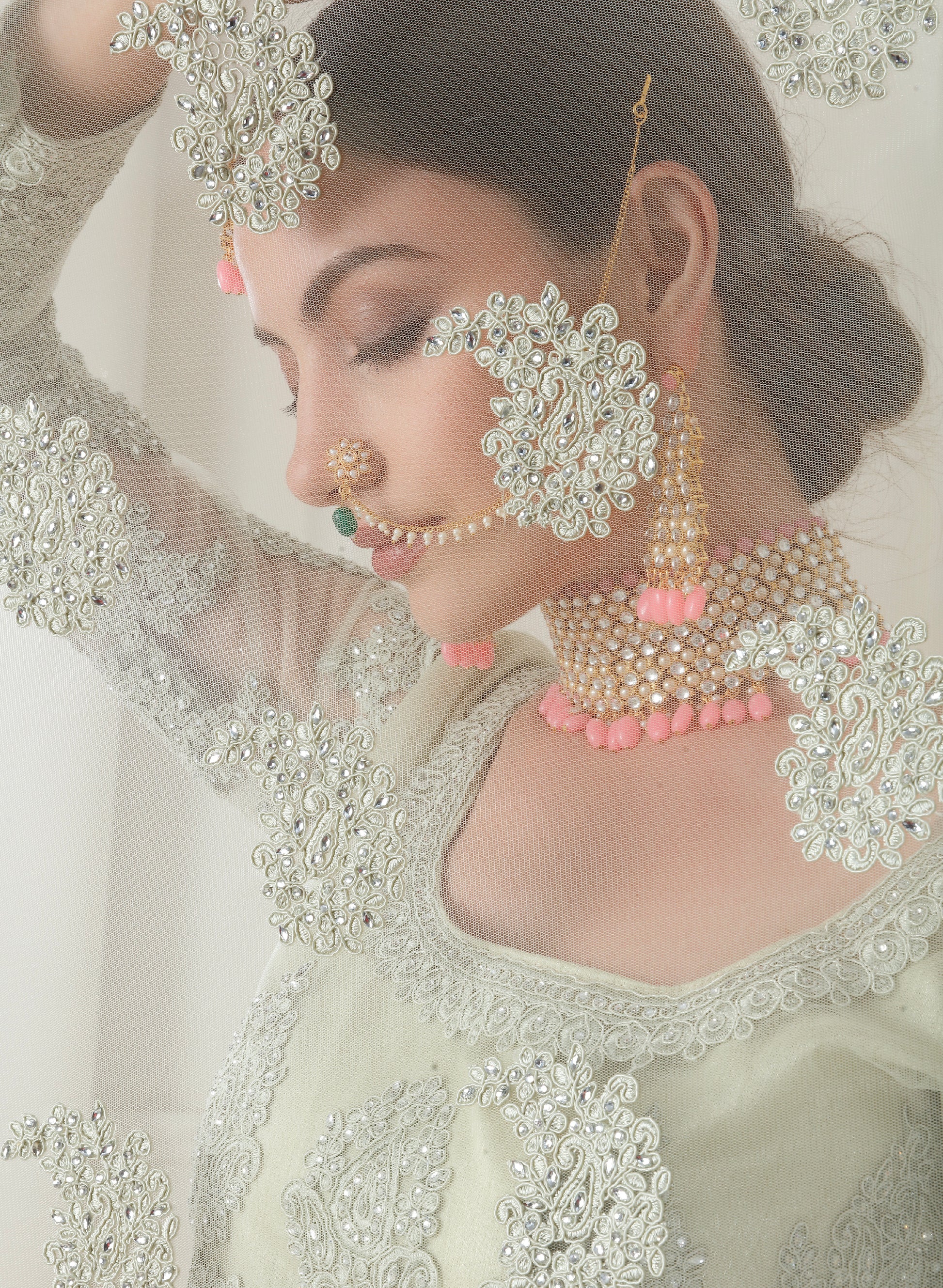 Green Net Lehenga with Intricate Cording Embroidery & Stone Detailing