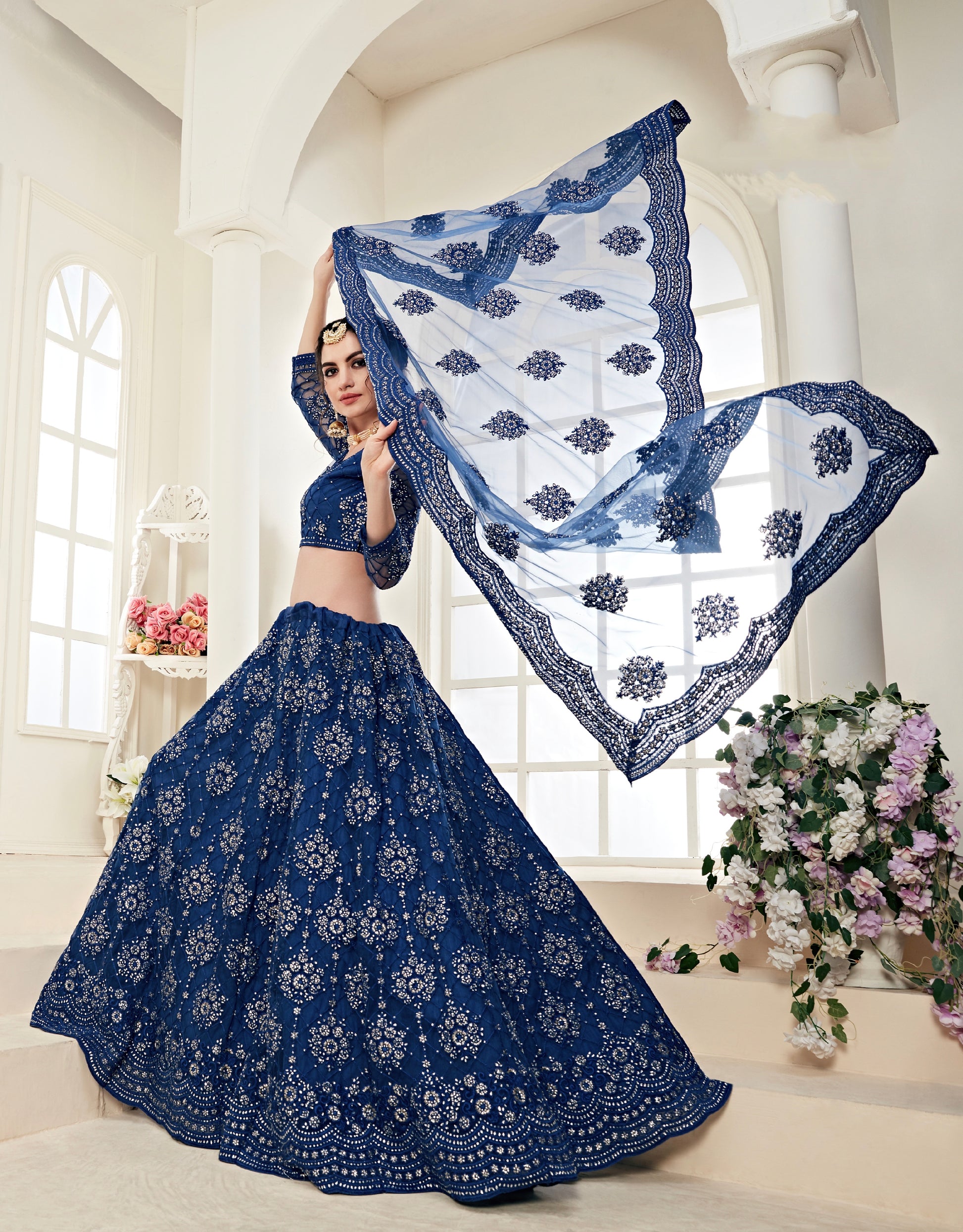 Royal Blue Net Lehenga with Exquisite Embroidery and Stone Detailing