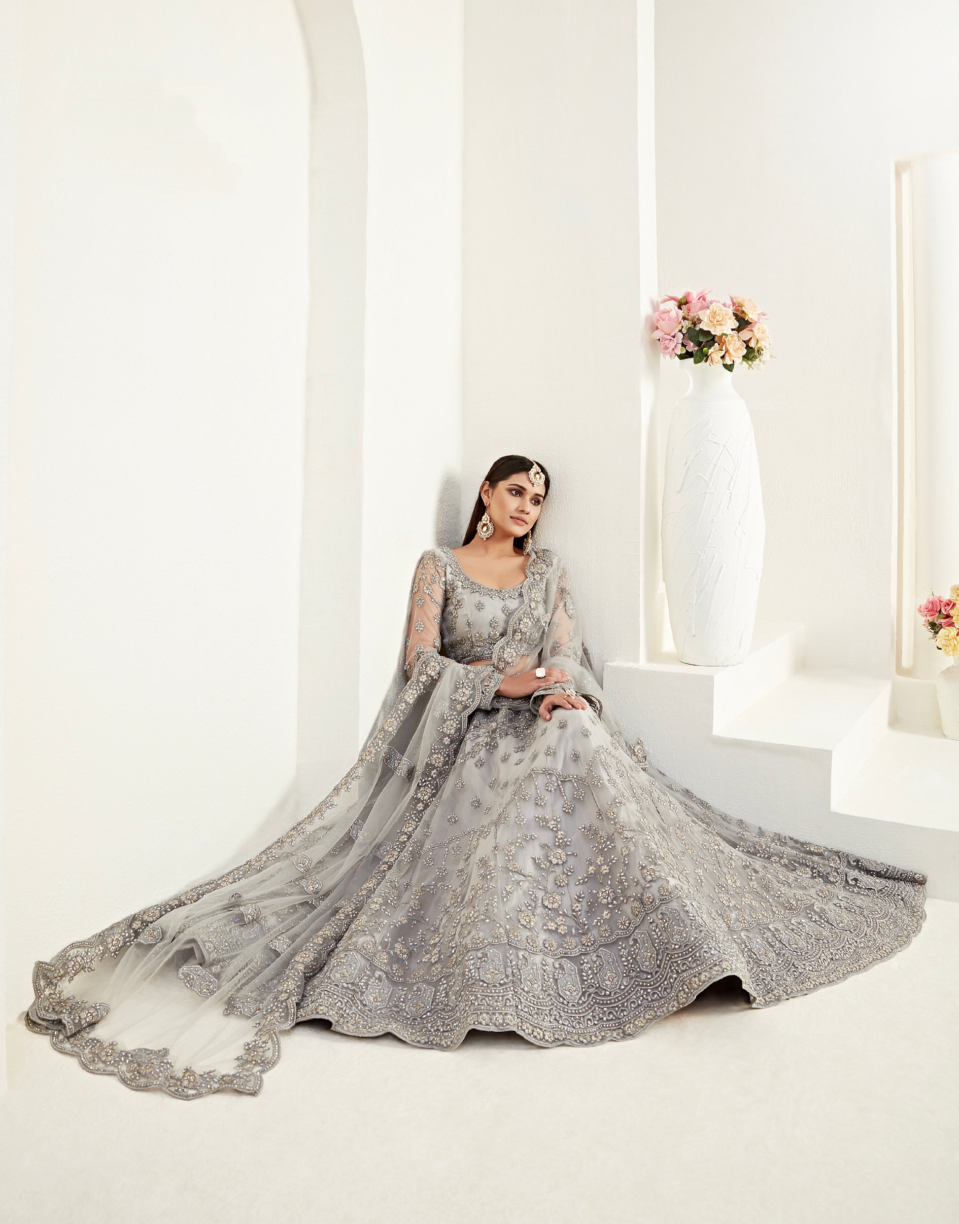 Grey Bridal Lehenga with Heavy Balda Embroidery and Cutwork Dupatta