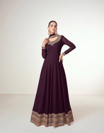 Plum Georgette Anarkali Suit with Embroidered Border & Flowing Dupatta