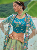 Aqua Blue and Mint Green Embroidered Lehenga with Dupatta