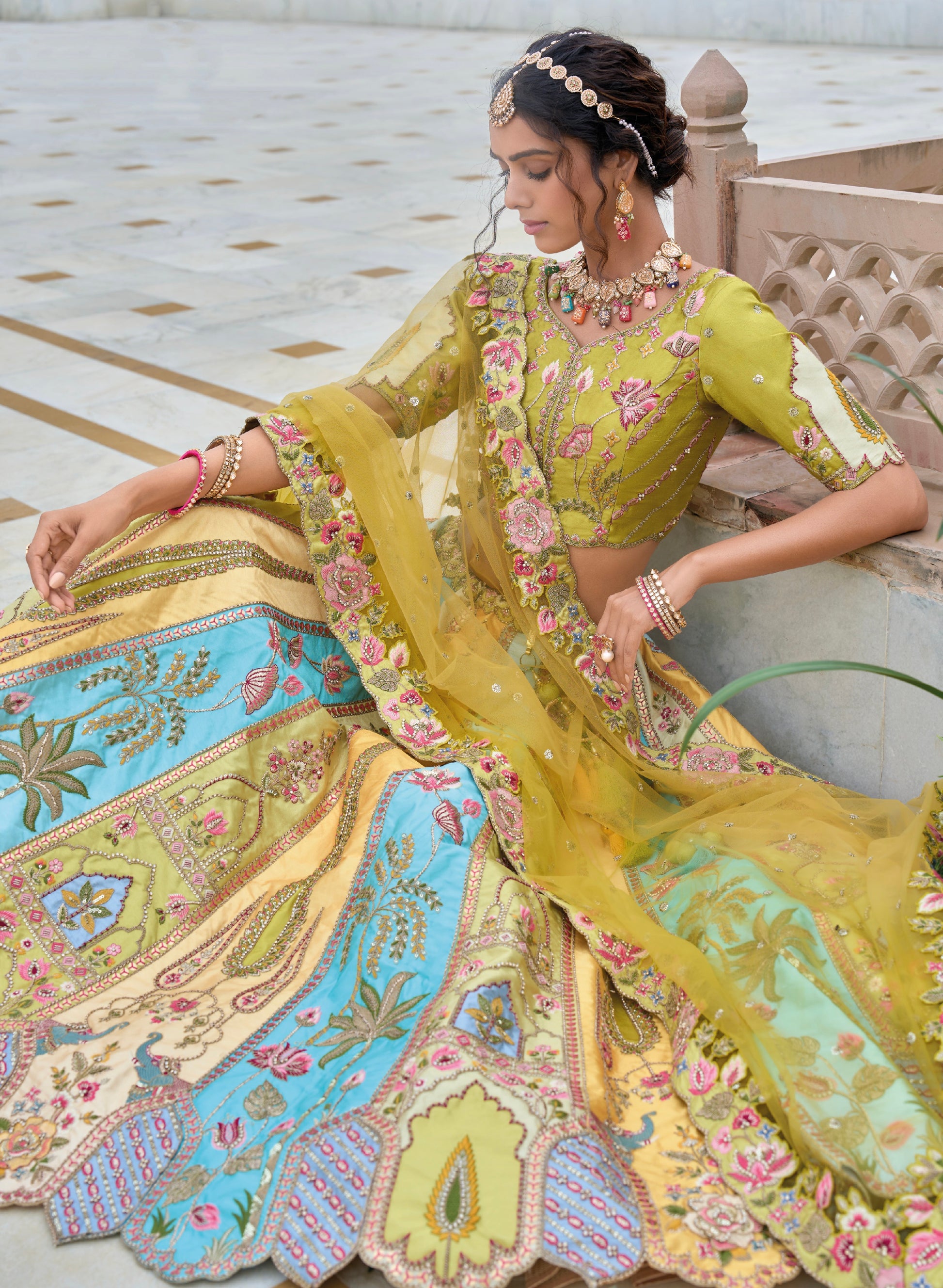Lemon Yellow Embroidered Lehenga Choli with Pastel Accents