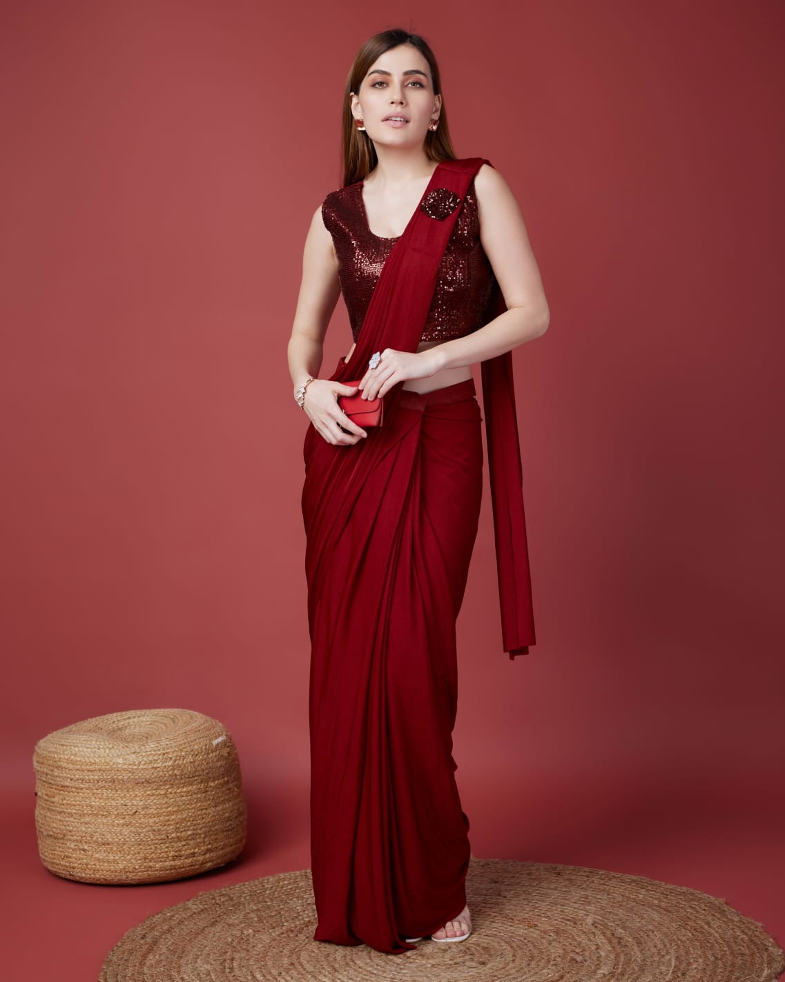 Red Colour Ready-to-Wear Saree with Embroidered Sequence Designer Blouse
