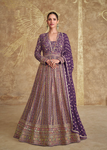 Purple Embroidered Georgette Anarkali with Embroidered Dupatta