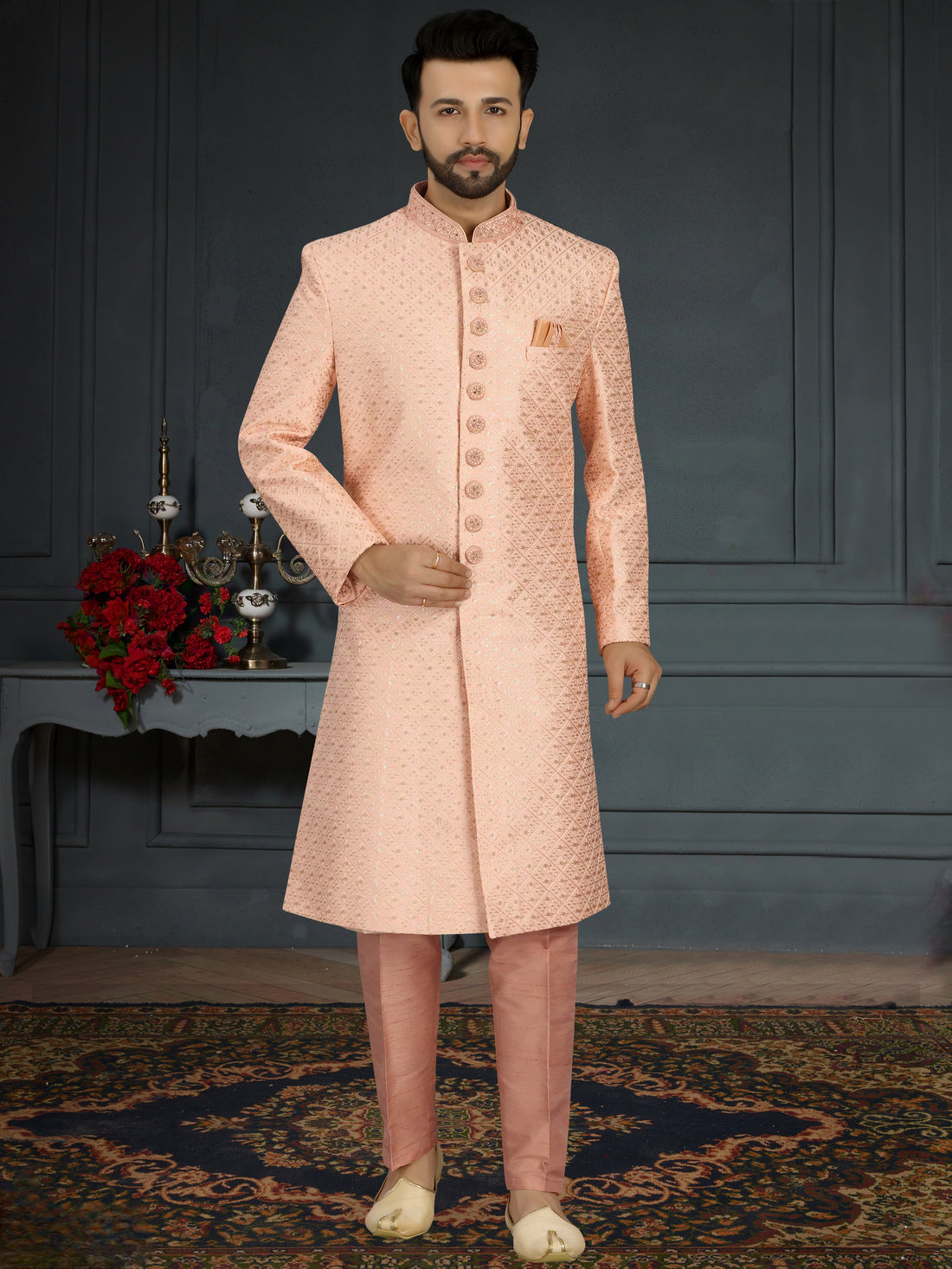 Peach Jacquard Silk Sherwani with Hand Embroidery and Sequins Work