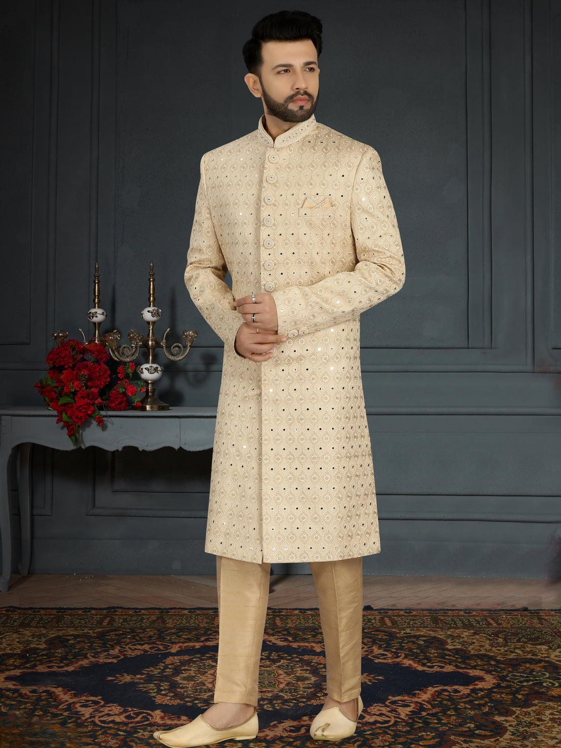 Ivory Jacquard Silk Sherwani with Embroidery and Sequins Detailing