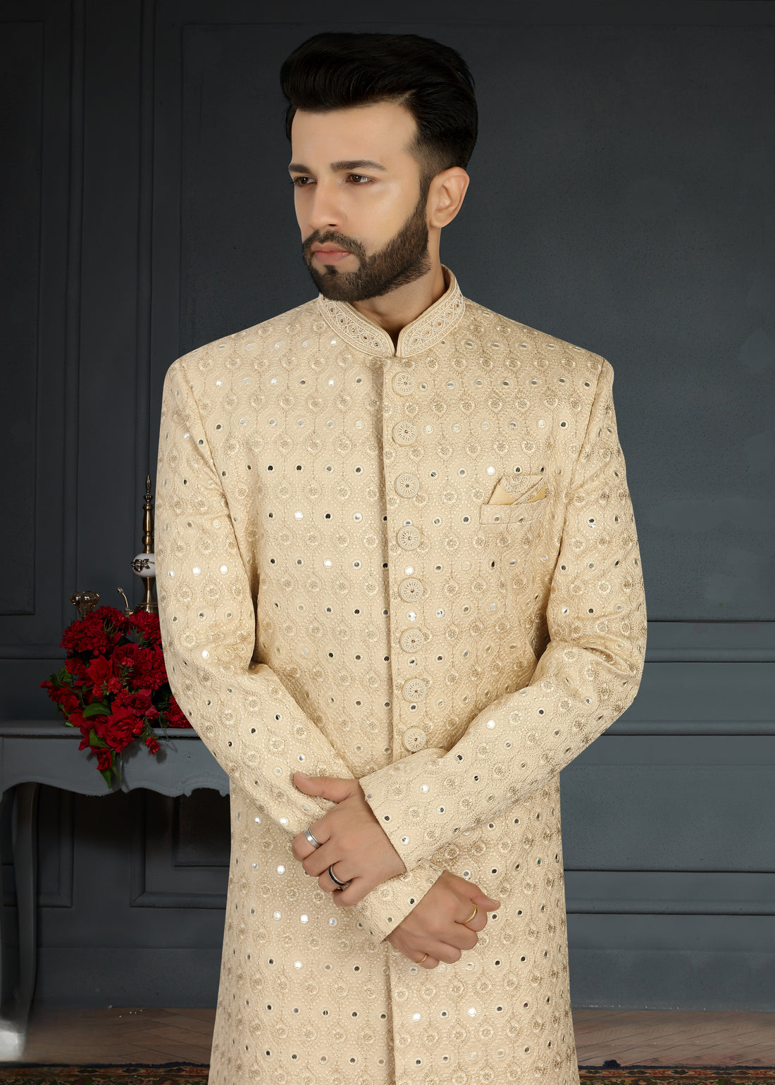 Ivory Jacquard Silk Sherwani with Embroidery and Sequins Detailing