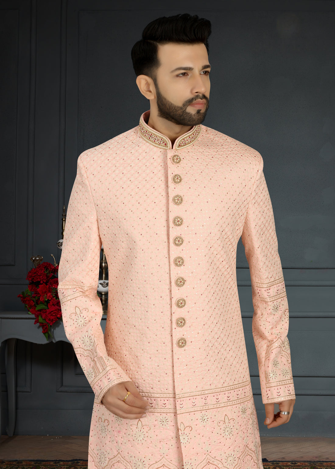 Pink Jacquard Silk Sherwani with Hand Embroidery and Sequins Detailing