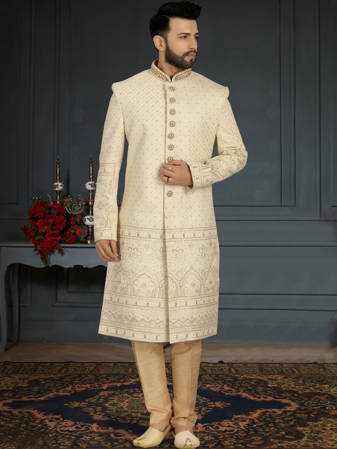 Beige Jacquard Silk Sherwani with Hand Embroidery and Sequins Work