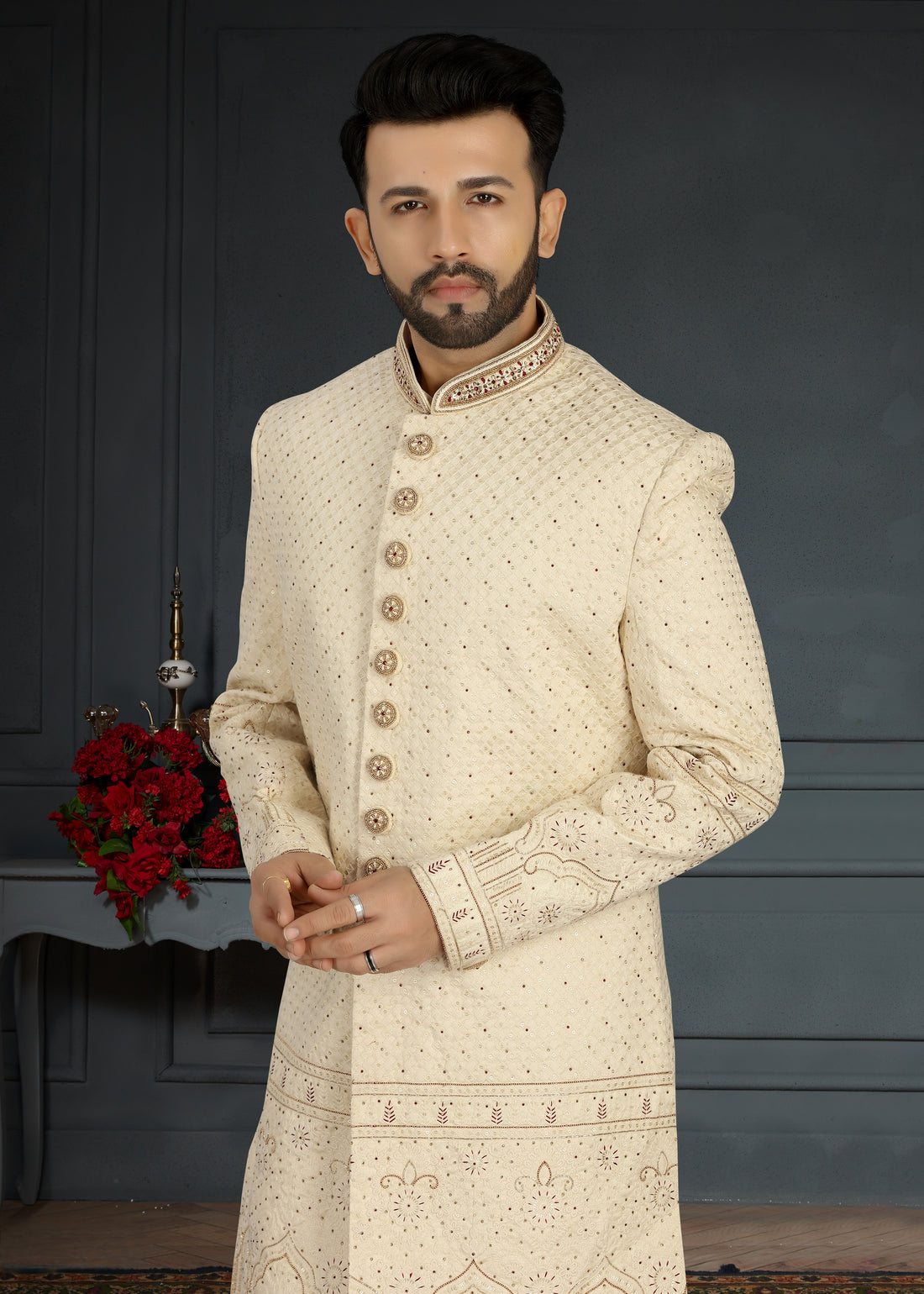 Beige Jacquard Silk Sherwani with Hand Embroidery and Sequins Work