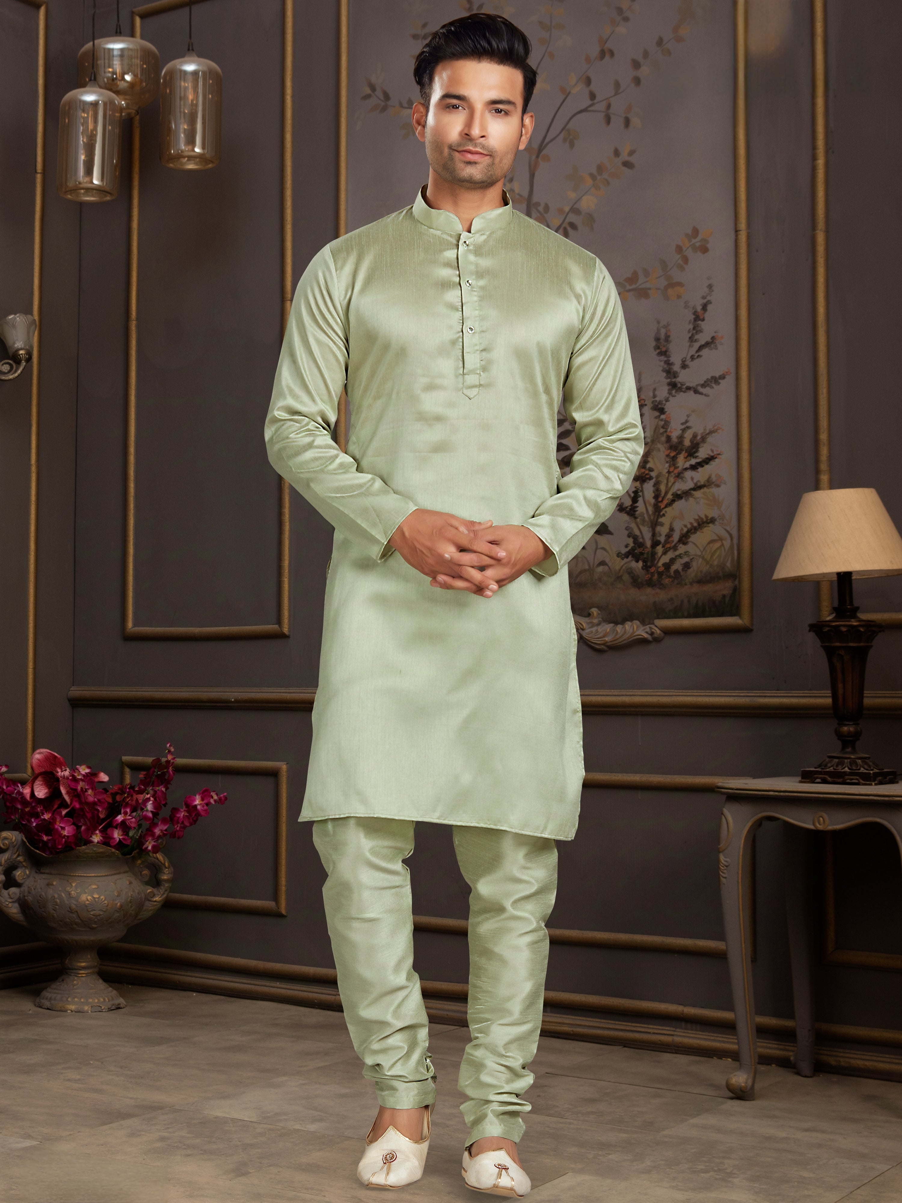Pistachio Green Silk Kurta Pajama for Men