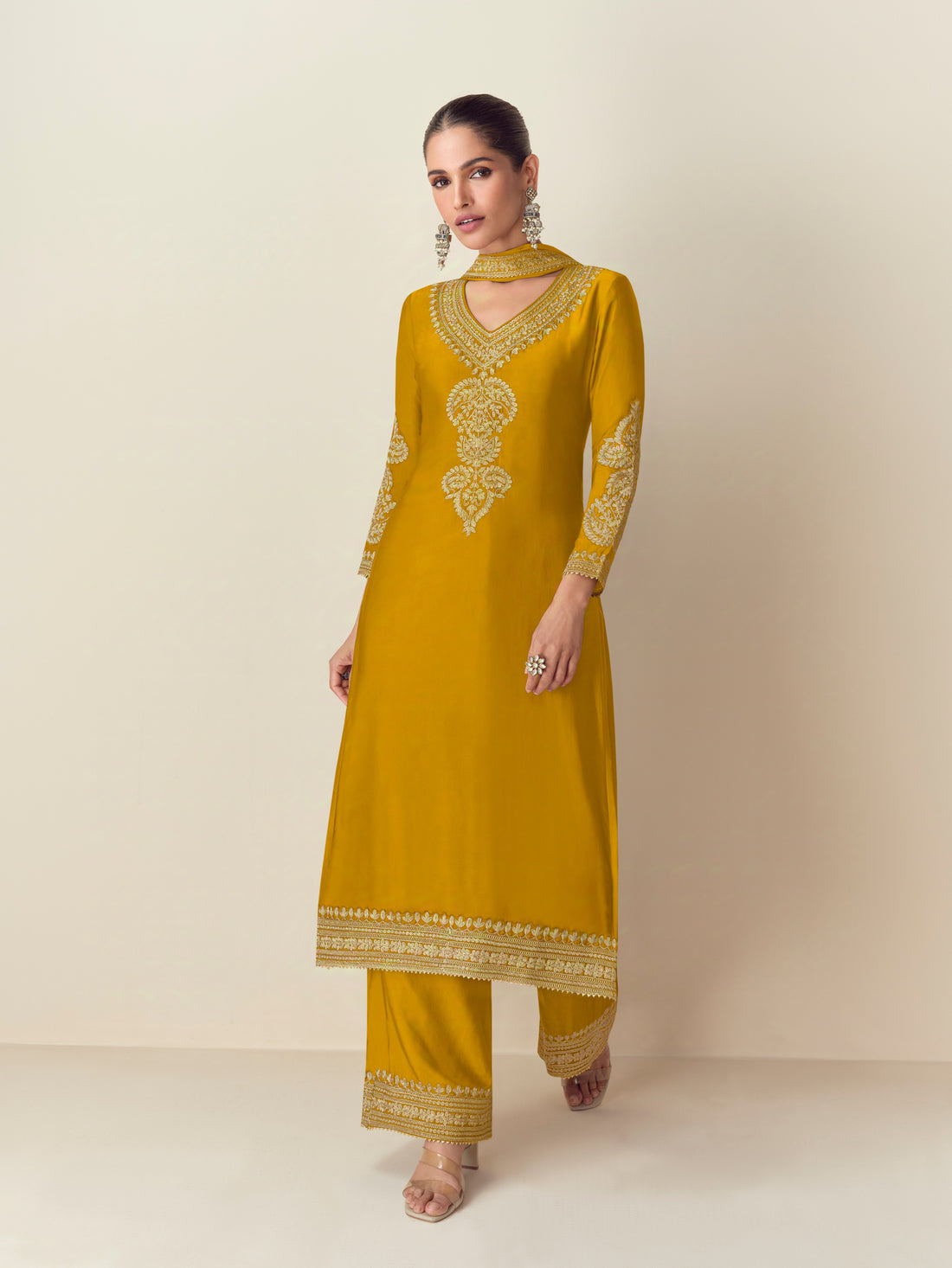 Mustard Yellow Embroidered Chinnon Silk Palazzo Set