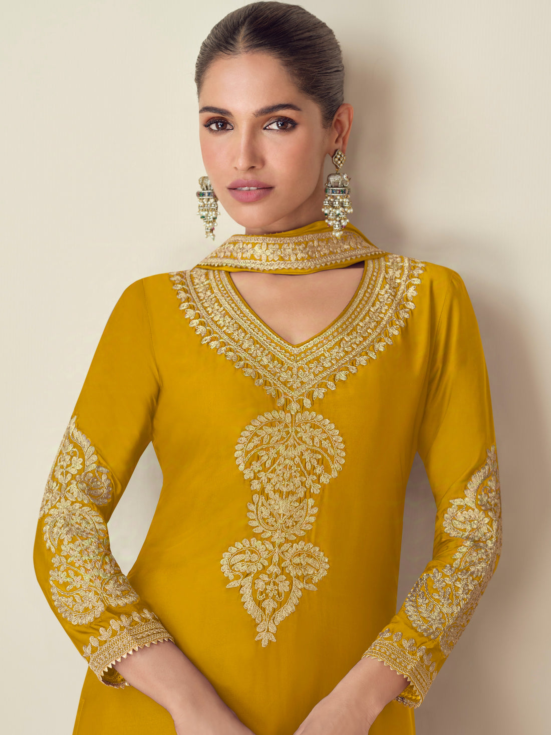 Mustard Yellow Embroidered Chinnon Silk Palazzo Set