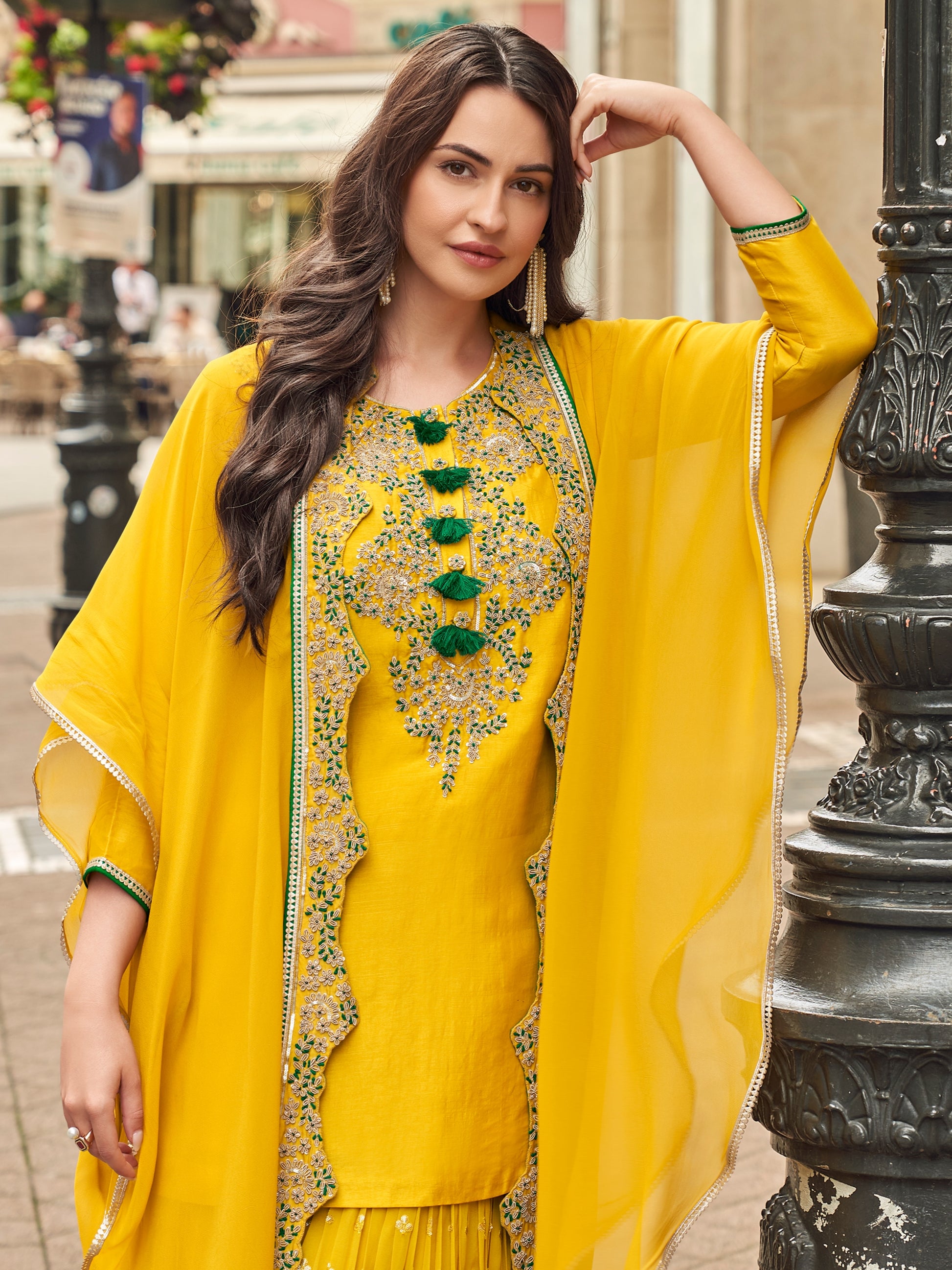 Yellow Embroidered Premium Silk Sharara Suit