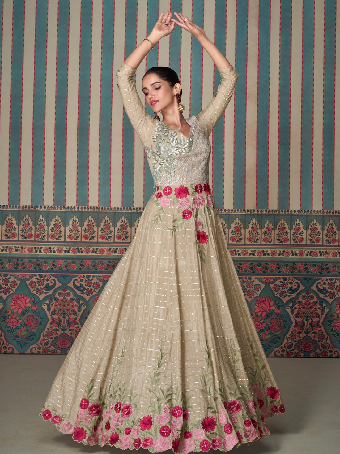 Beige Floral Embroidered Chinon Silk Anarkali Gown