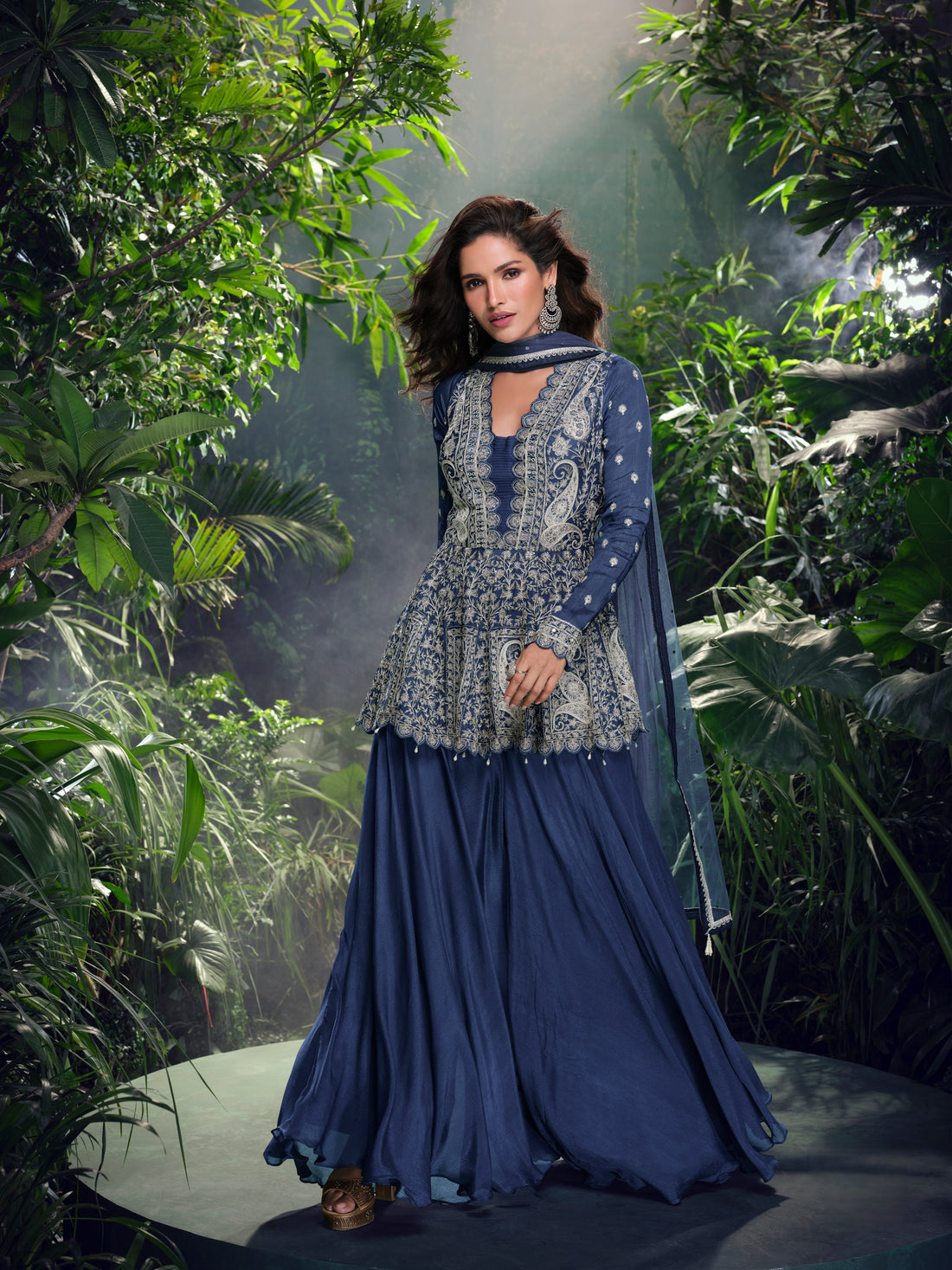 Navy Blue Real Georgette Hand Embroidered Sharara Set