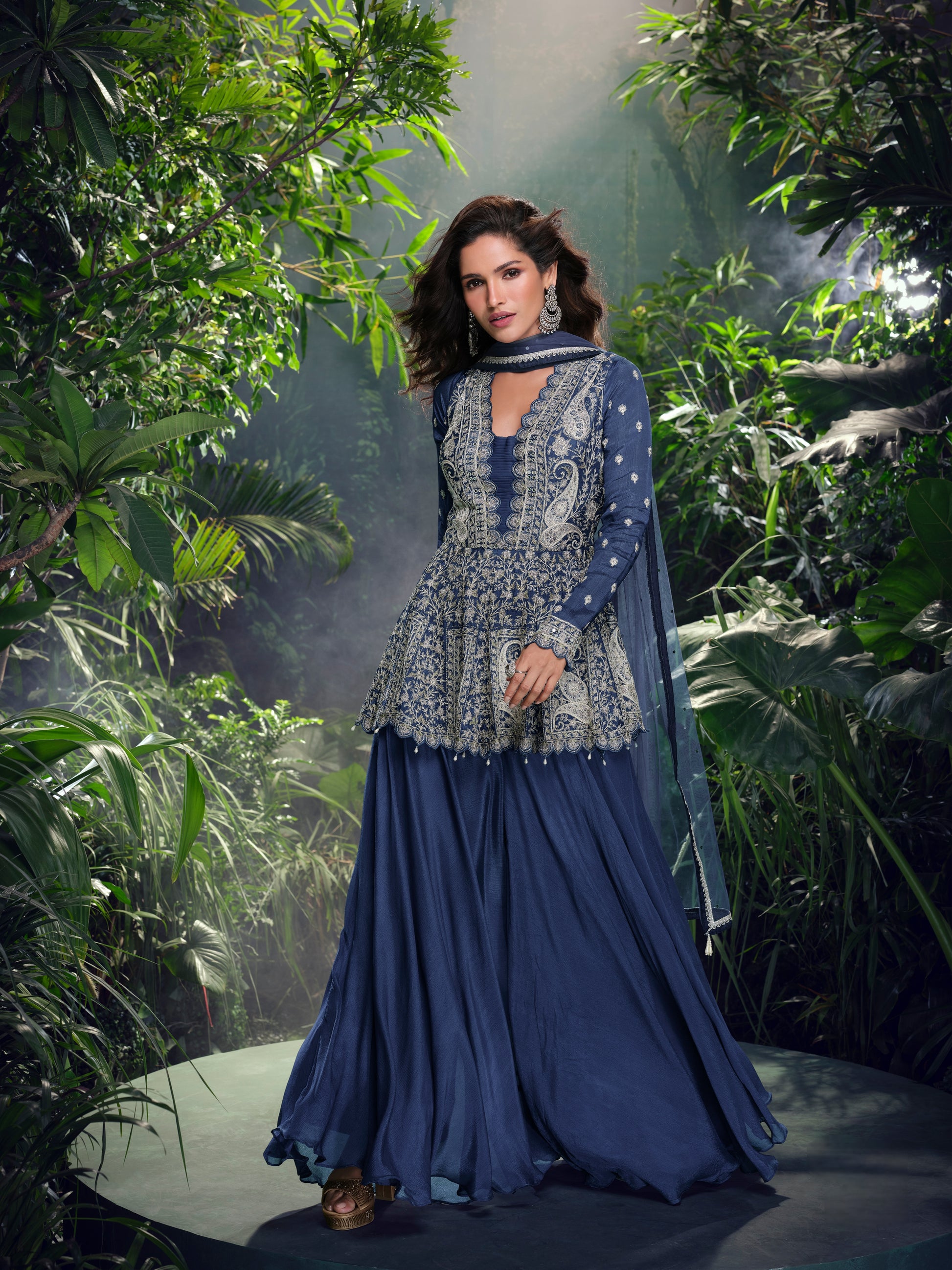 Navy Blue Real Georgette Hand Embroidered Sharara Set
