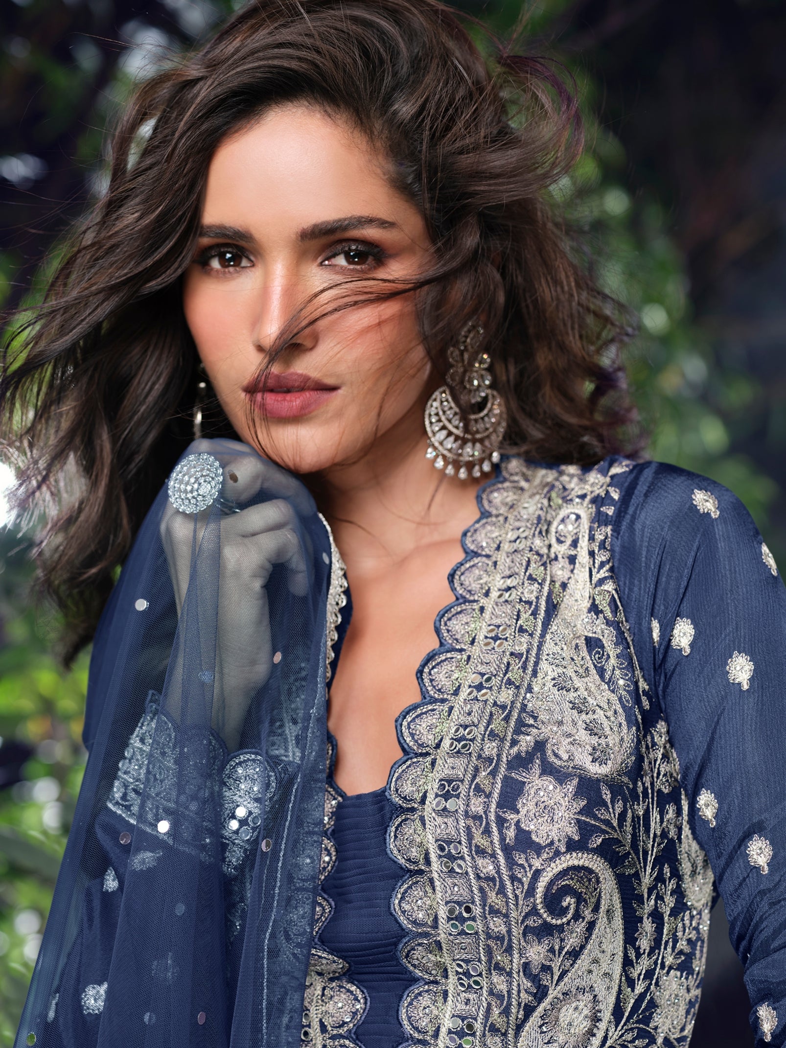 Navy Blue Real Georgette Hand Embroidered Sharara Set