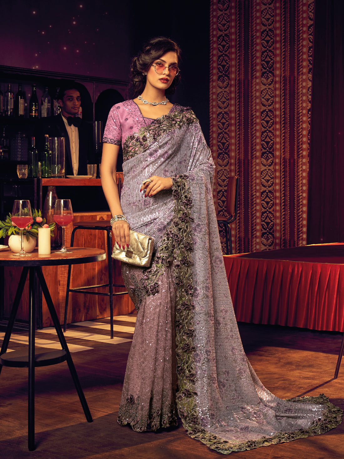 Lavender Embroidered Net Saree with Sequins & Thread Detailing