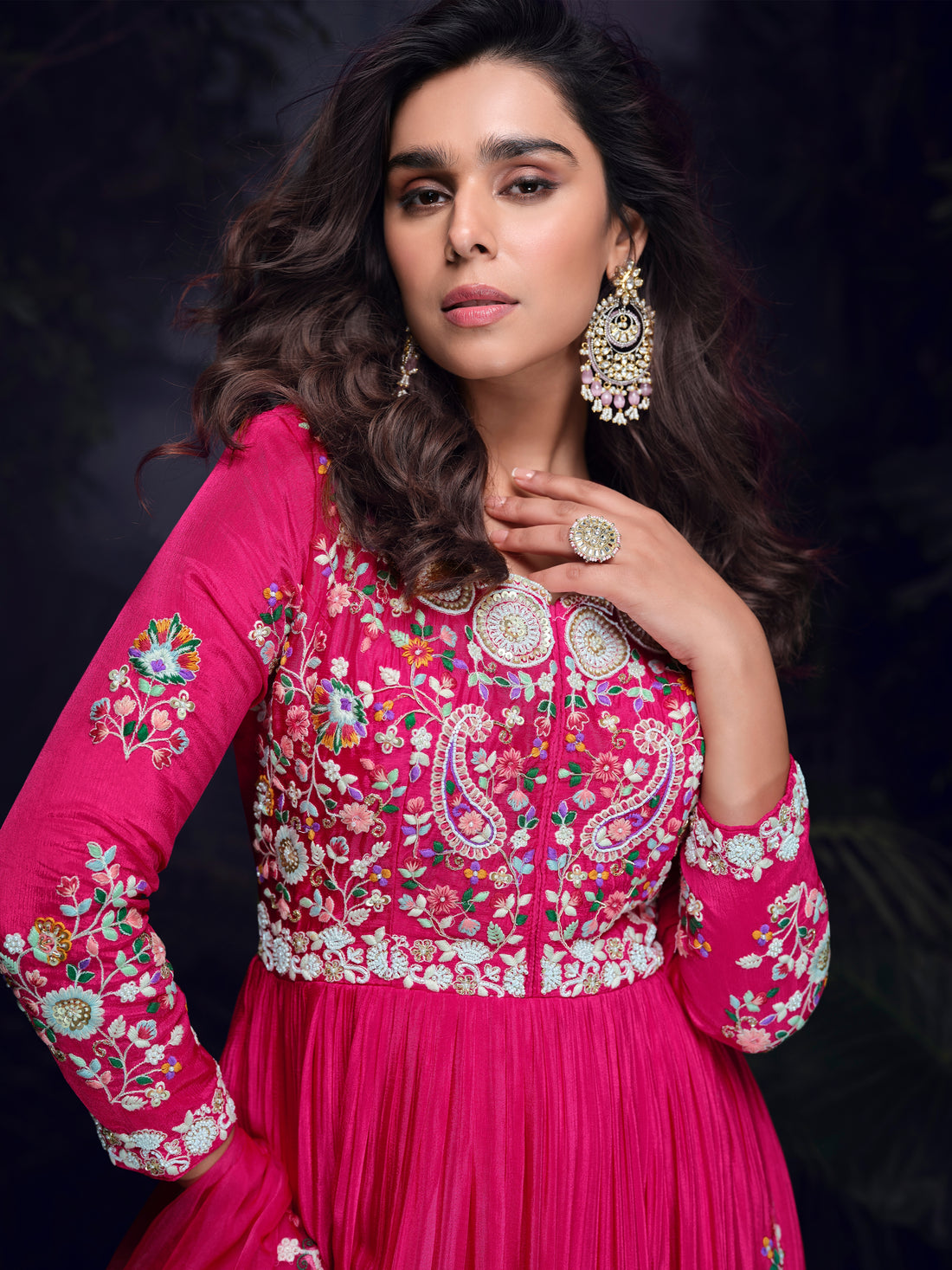 Hot Pink Handworked Chinon Silk Anarkali Suit