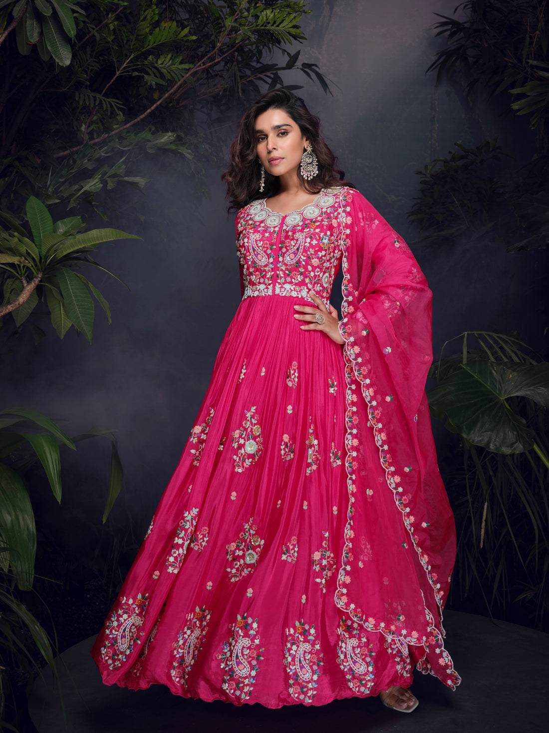 Hot Pink Handworked Chinon Silk Anarkali Suit