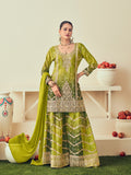 Green Heavy Chinon Mirror Work Sharara Suit