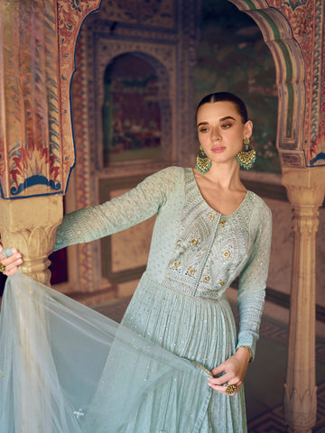 Blue Premium Georgette Chikankari Anarkali Dress