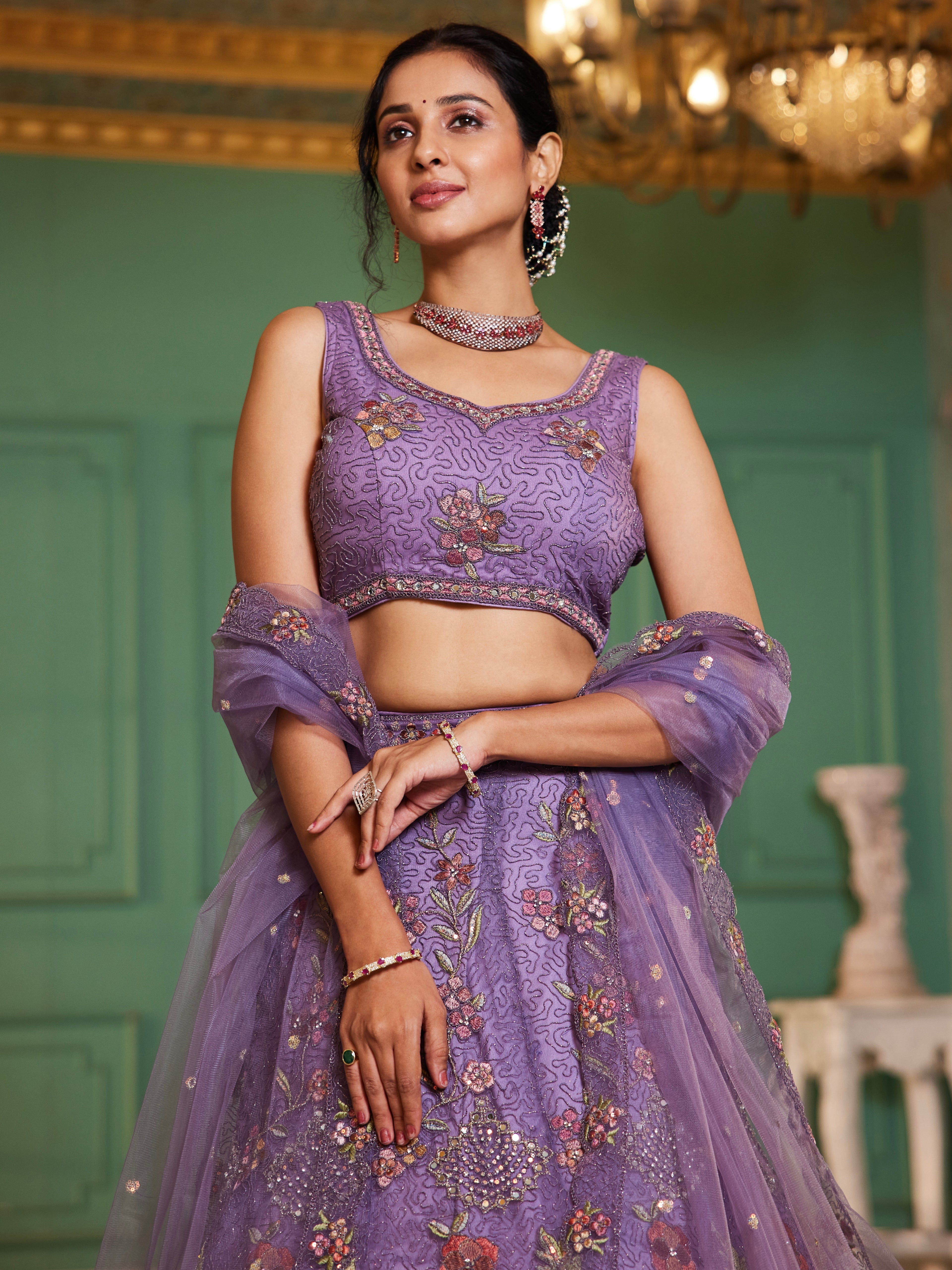 Lavender Sequins & Zarkan Embroidered Net Lehenga