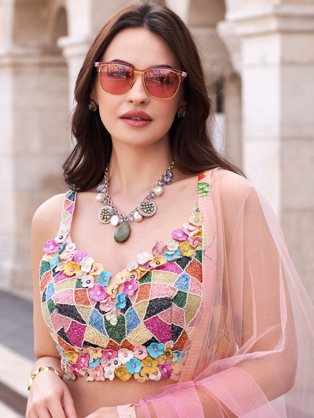 Pastel Pink Floral Embroidered Chinon Silk Lehenga Set