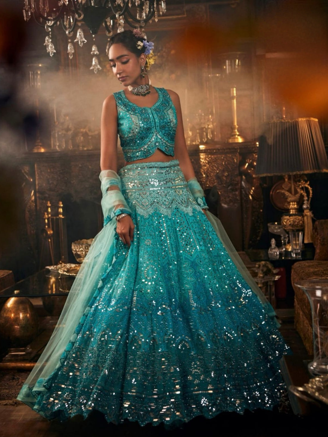 Teal Blue Heavy Mirror Embroidered Designer Lehenga