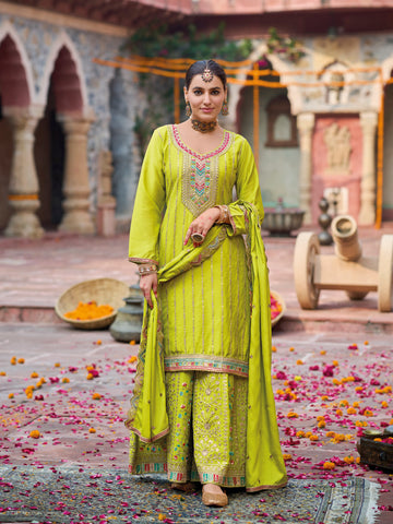 Lime Green Heavy Chinnon Embroidered Palazzo Suit