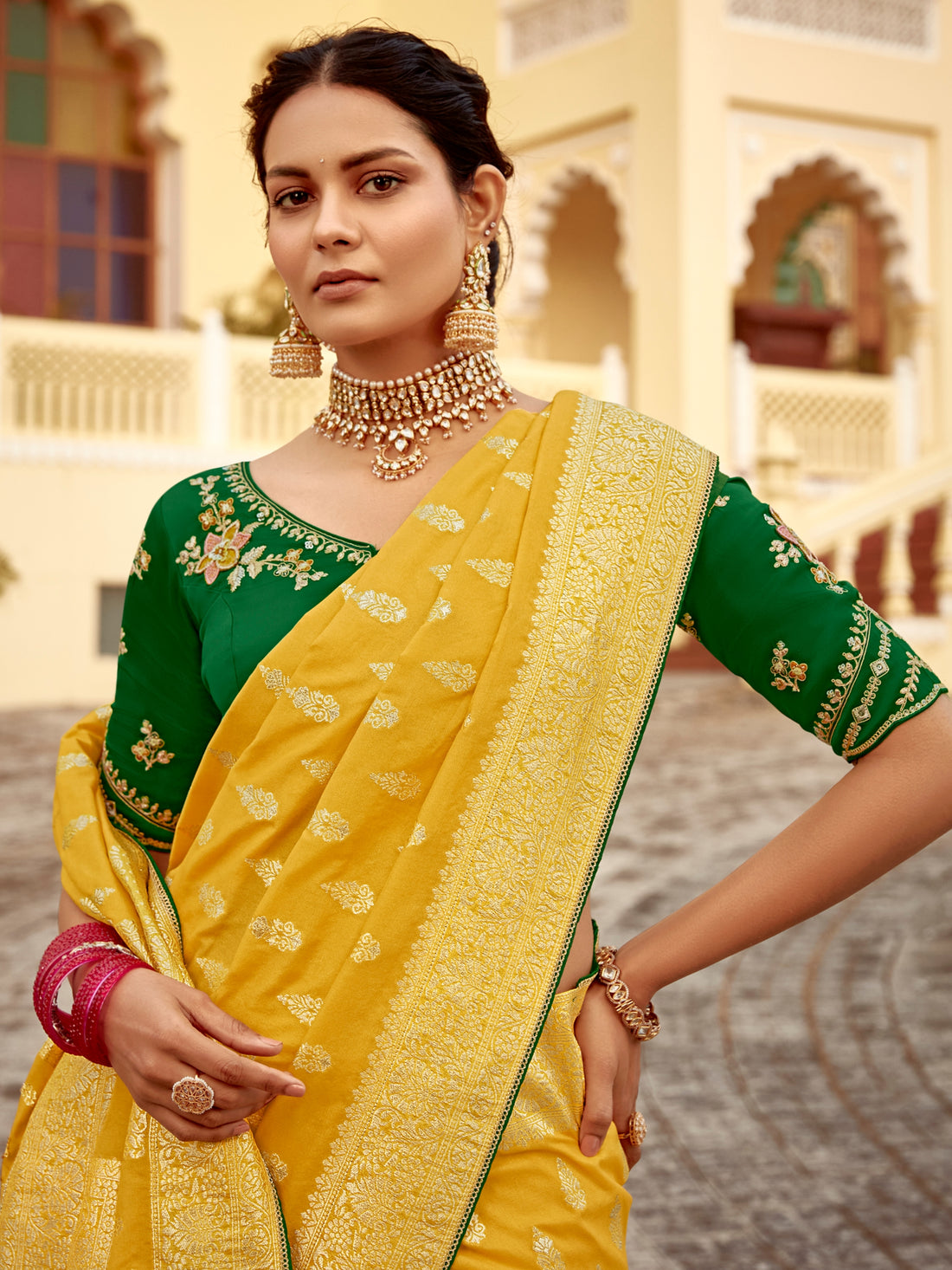 Mustard Yellow Designer Dola Silk Wedding Saree