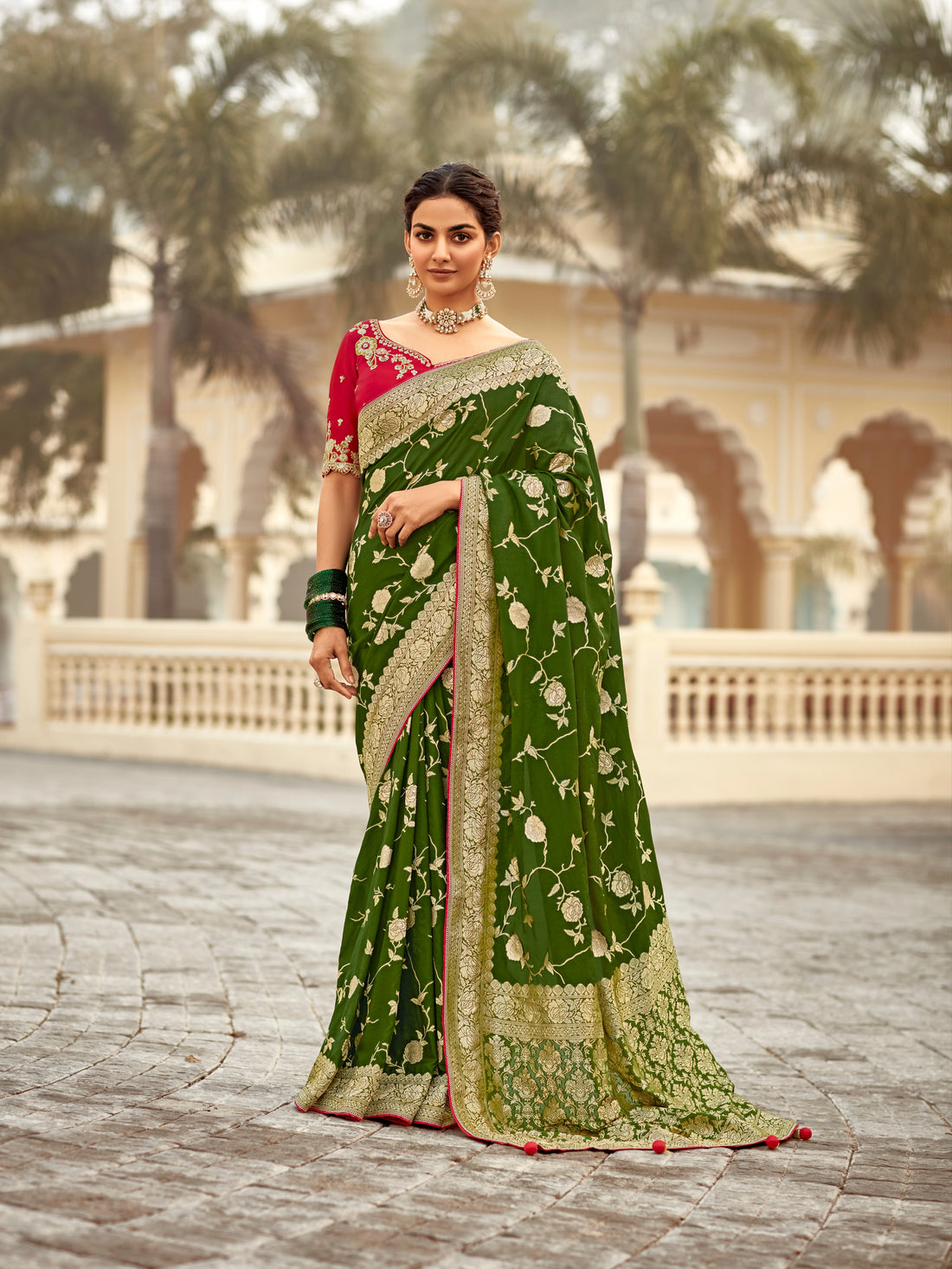 Bottle Green Banarasi Weaving Dola Silk Wedding Saree